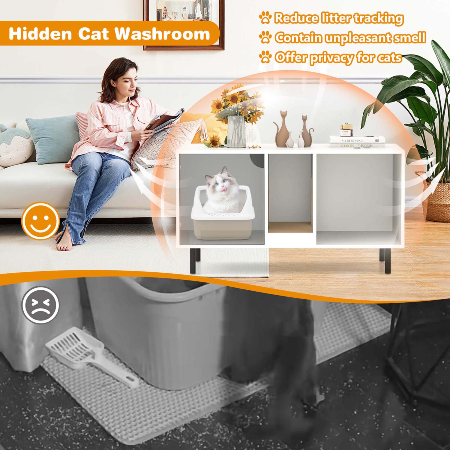 Costway 40" Hidden Cat Washroom with Storage Removable Scratcher Metal Legs for Large Cats Gray/White