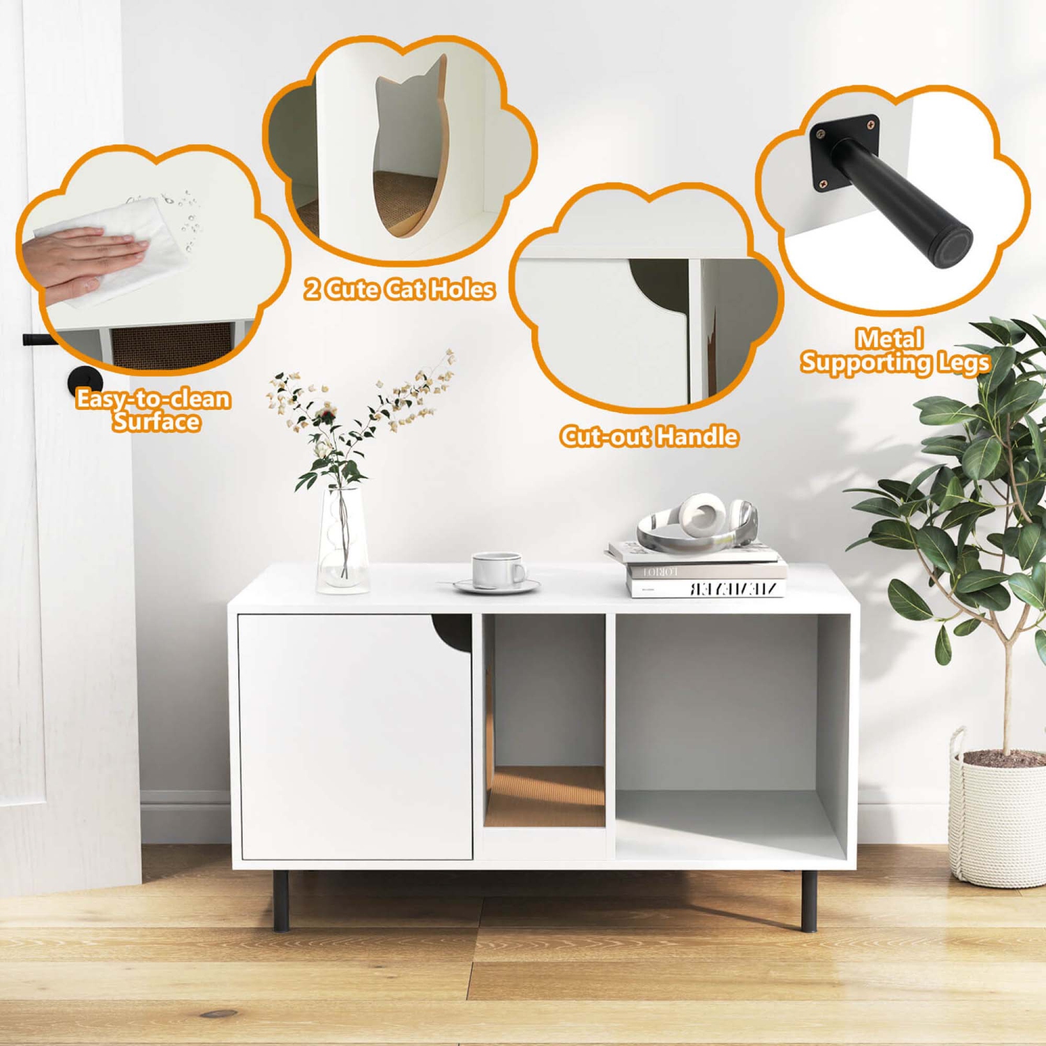 Costway 40" Hidden Cat Washroom with Storage Removable Scratcher Metal Legs for Large Cats Gray/White