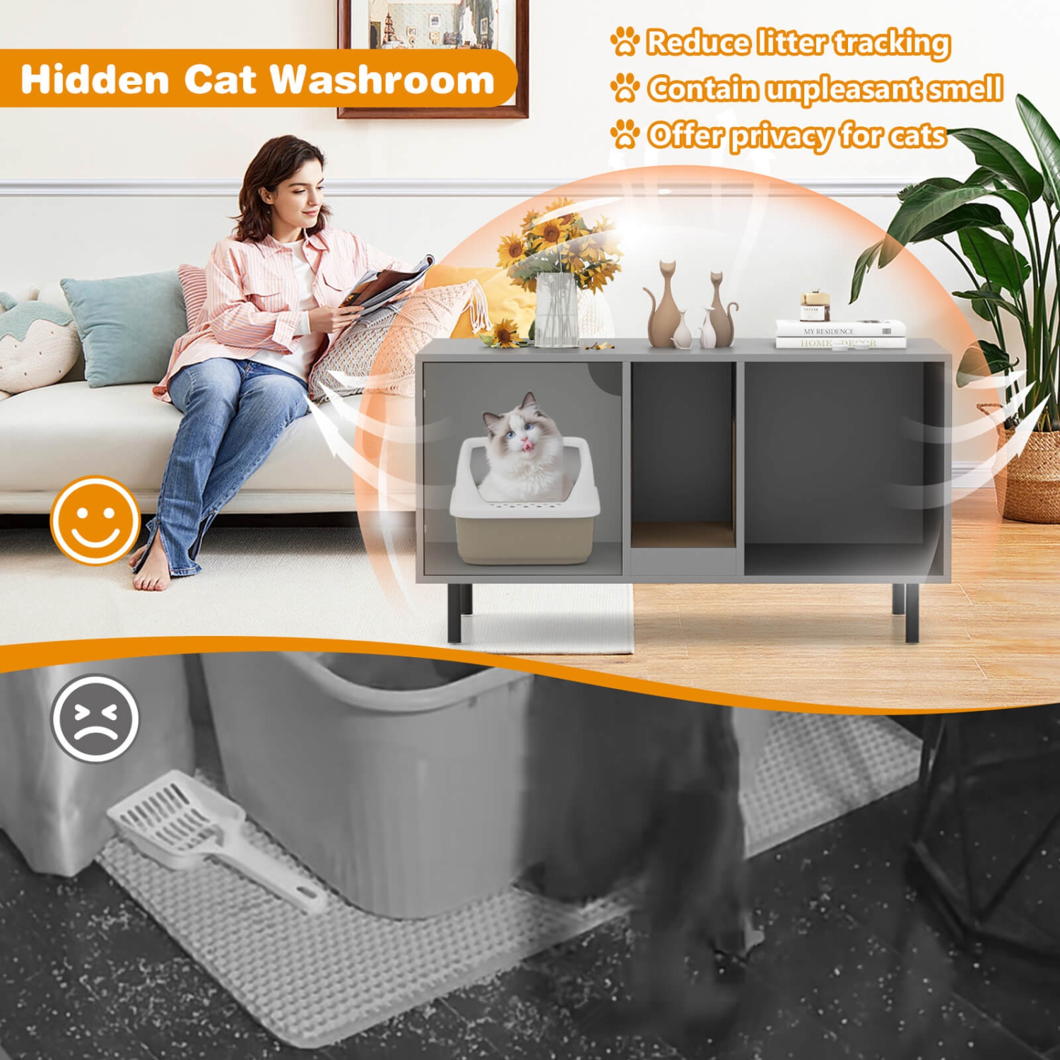 Costway 40" Hidden Cat Washroom with Storage Removable Scratcher Metal Legs for Large Cats Gray