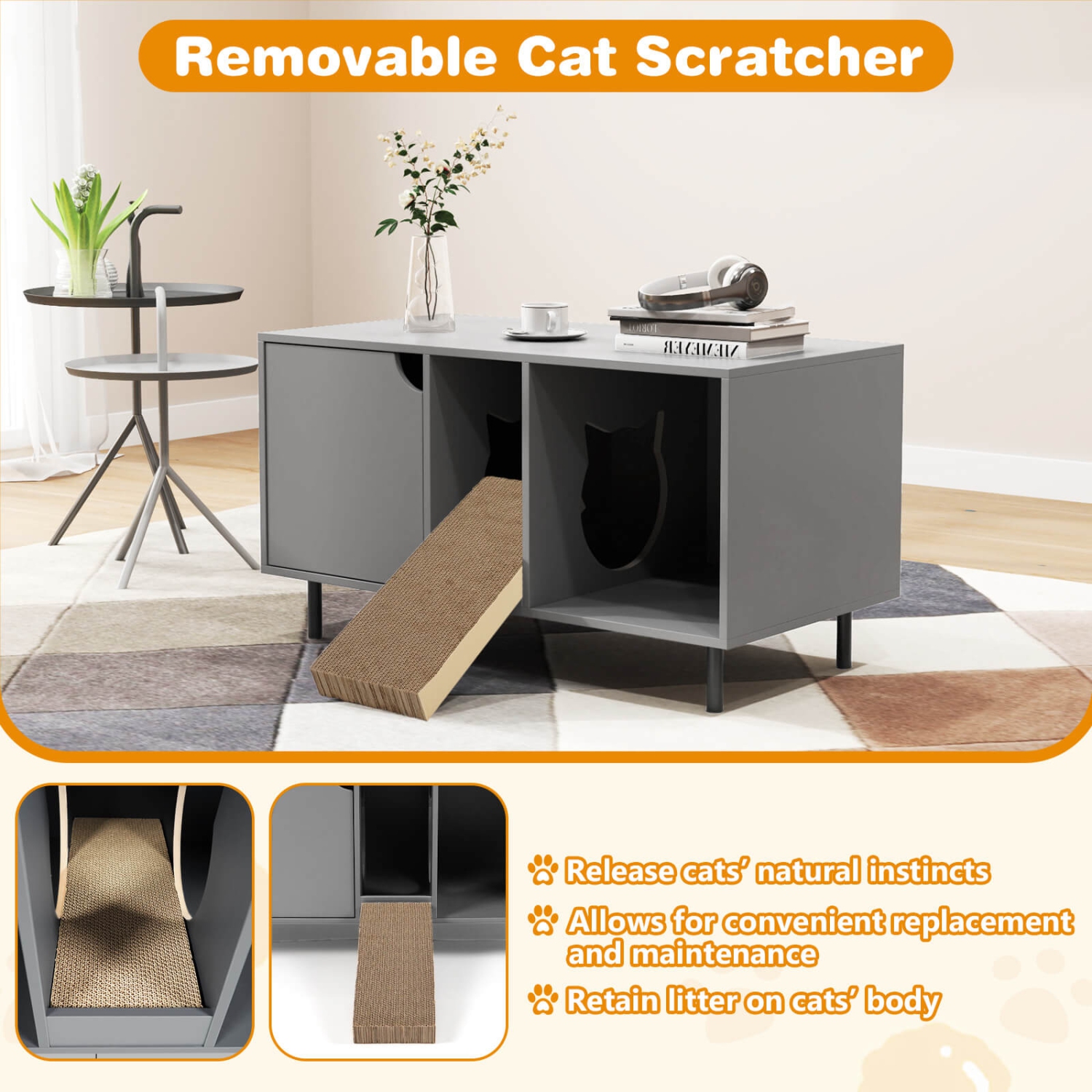 Costway 40" Hidden Cat Washroom with Storage Removable Scratcher Metal Legs for Large Cats Gray