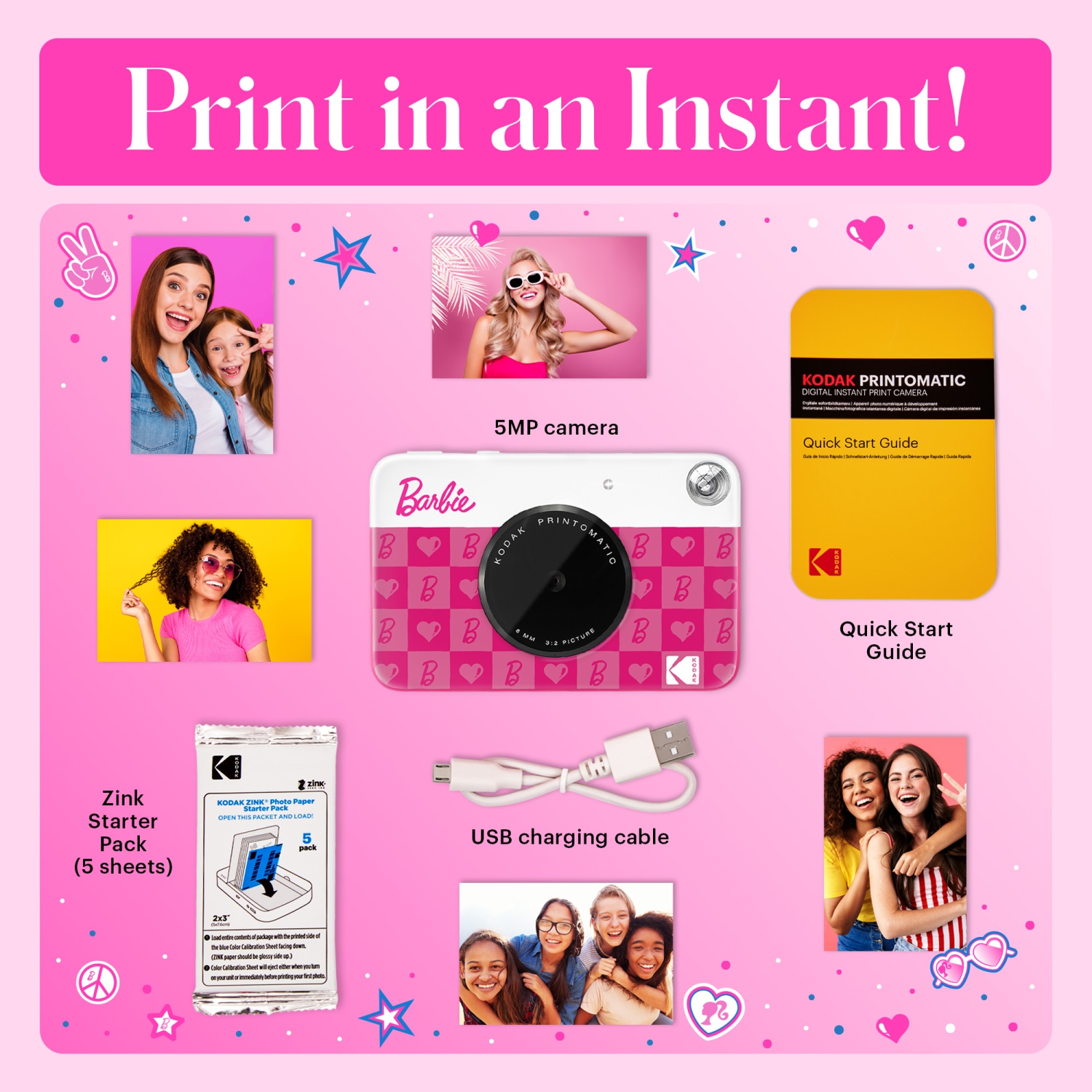 Barbie x Kodak Printomatic 2x3” Instant Print Camera, 5MP Portable Instant Camera - Iconic Style
