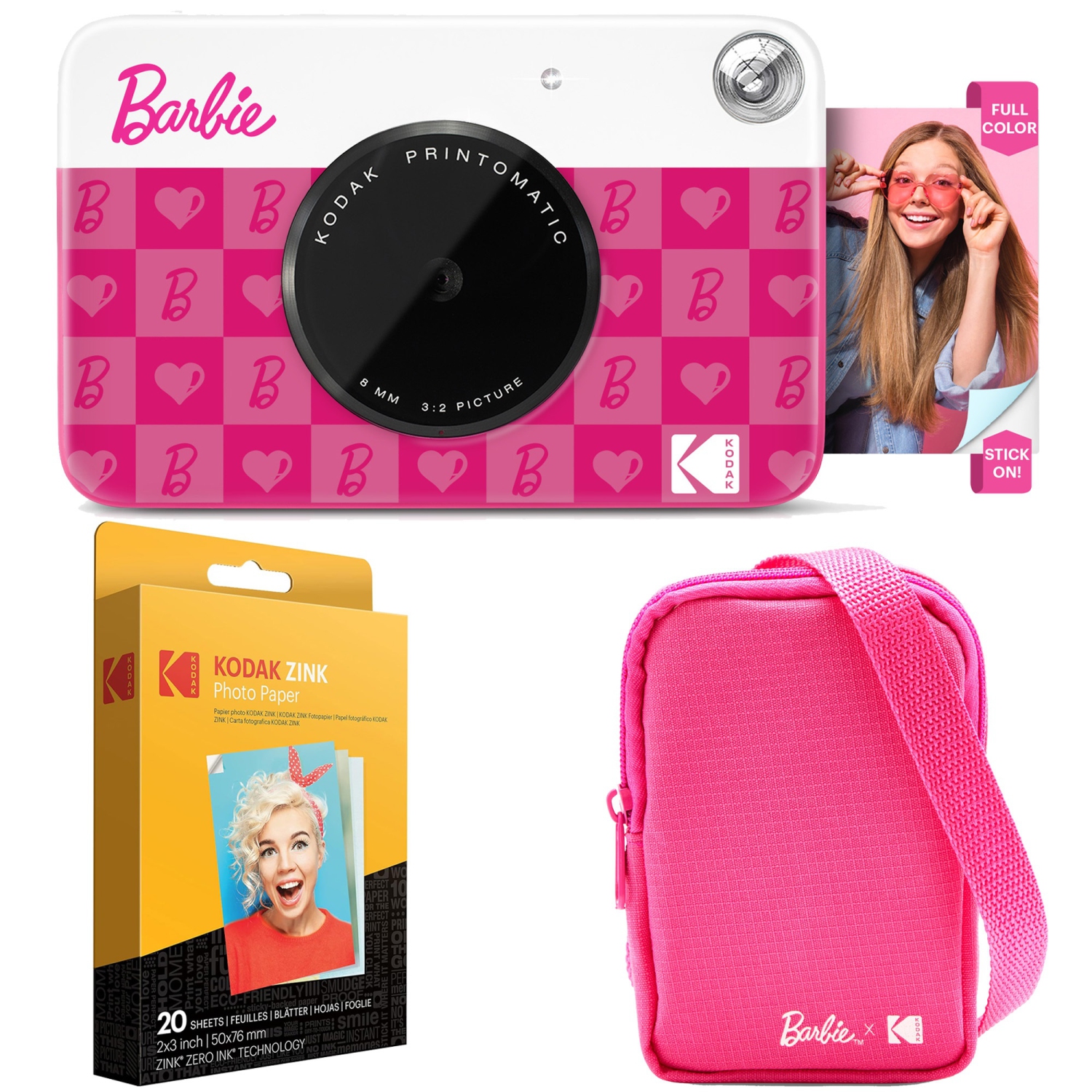 Appareil photo à impression instantanée Kodak x Barbie Printomatic, étui style emblématique + papier Zink - Ensemble