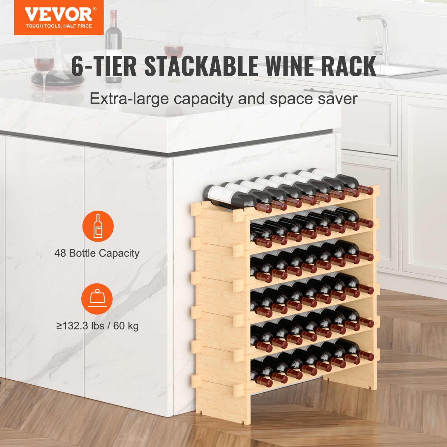 VEVOR 48 Bottle Stackable Modular Wine Rack, 6-Tier Solid Bamboo Wood Storage Racks, Floor Freestanding Wines Holder Display Shelf, Wobble-Free
