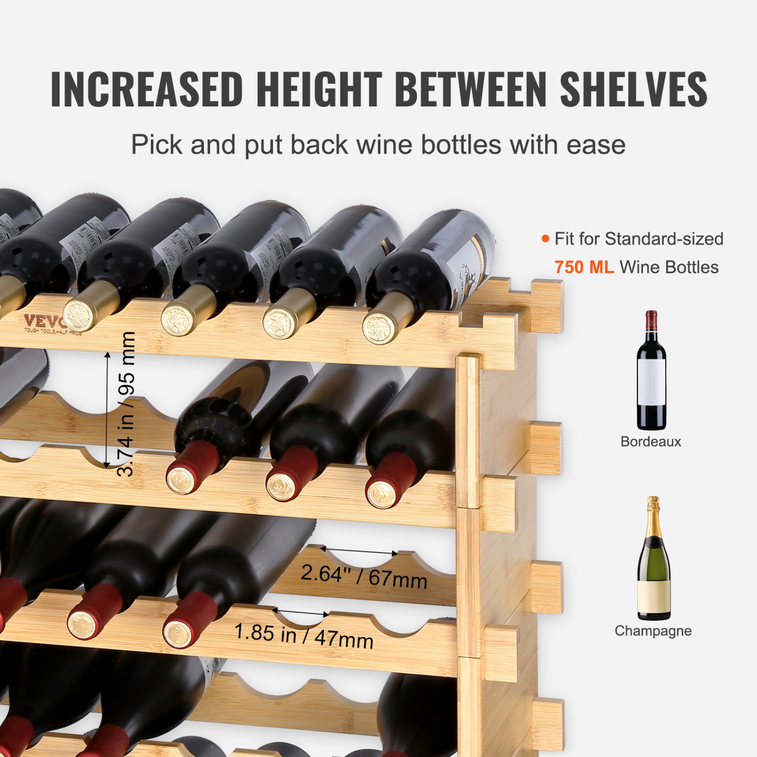 VEVOR 48 Bottle Stackable Modular Wine Rack, 6-Tier Solid Bamboo Wood Storage Racks, Floor Freestanding Wines Holder Display Shelf, Wobble-Free