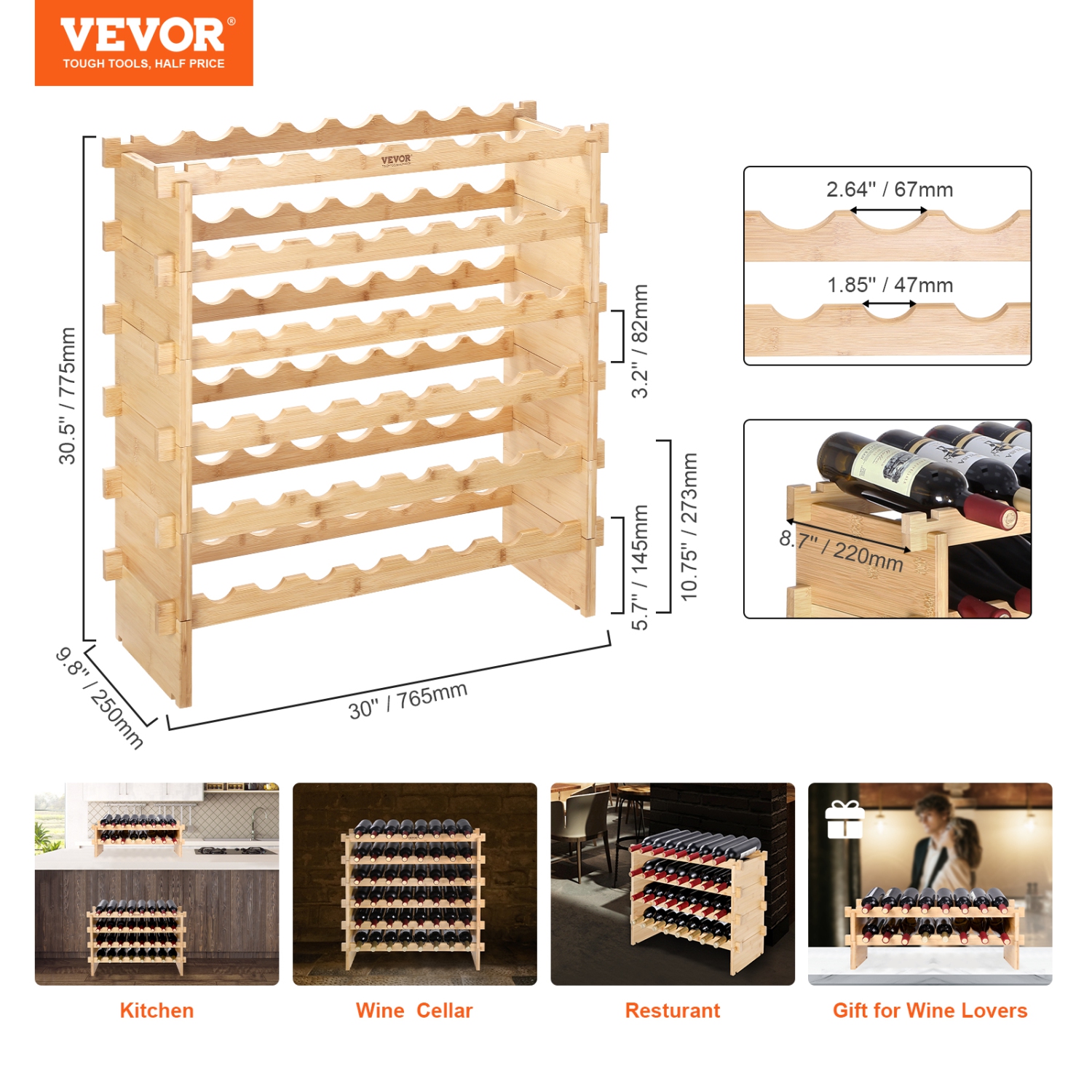 VEVOR 48 Bottle Stackable Modular Wine Rack, 6-Tier Solid Bamboo Wood Storage Racks, Floor Freestanding Wines Holder Display Shelf, Wobble-Free