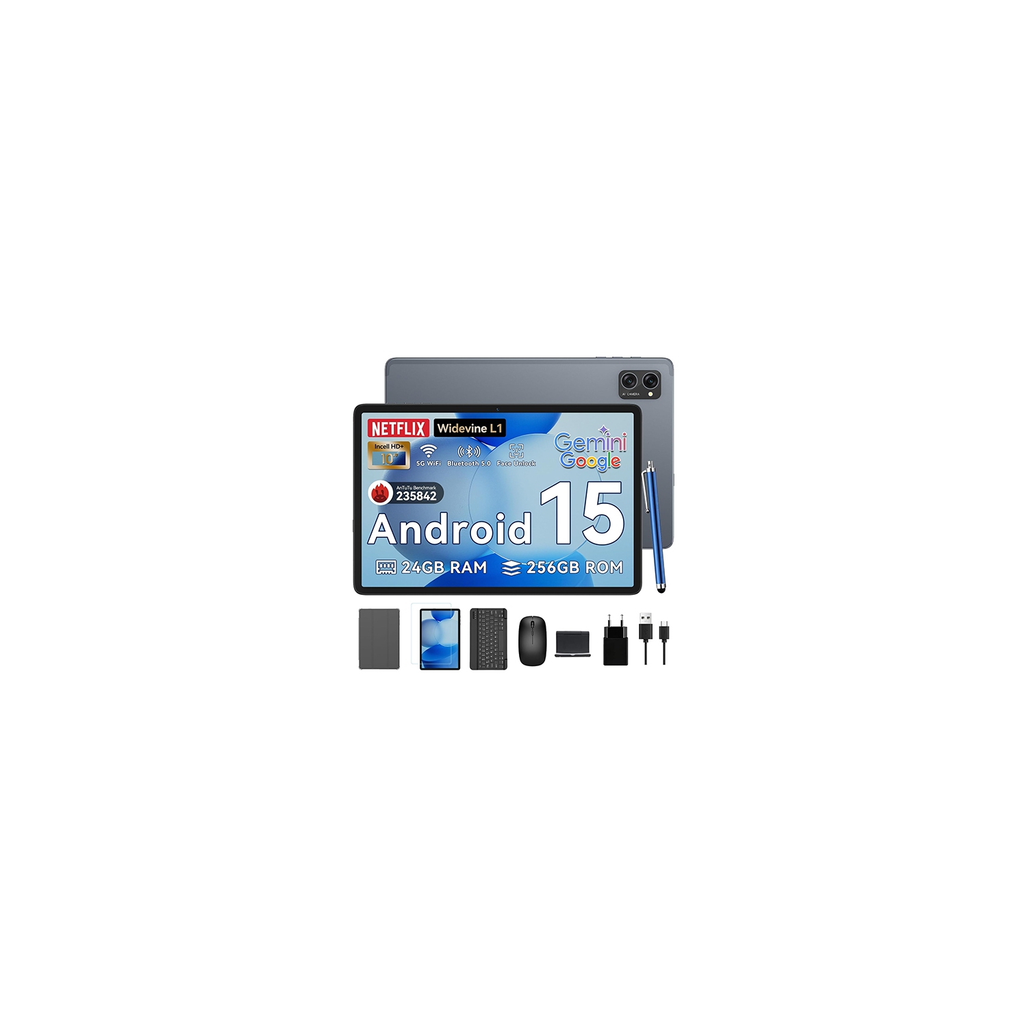 Tablet 2025 Latest Android 15 Tablets with 10.1 Inch Incell Display, 24GB RAM 256GB ROM /2TB TF, Gemini AI, T606 Octa-Core, Widevine L1, 2 in 1 Tablets with Keyboard Mouse Stylus