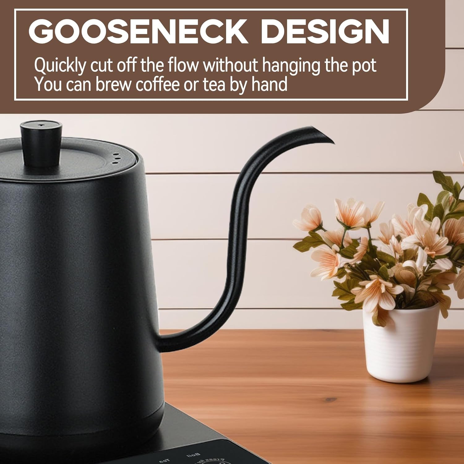 White Wood Grain Compact Electric Gooseneck Kettle - 0.8L, 1000W Fast Boil, Precise Temp Control, Ideal for Pour-Over Coffee & Tea