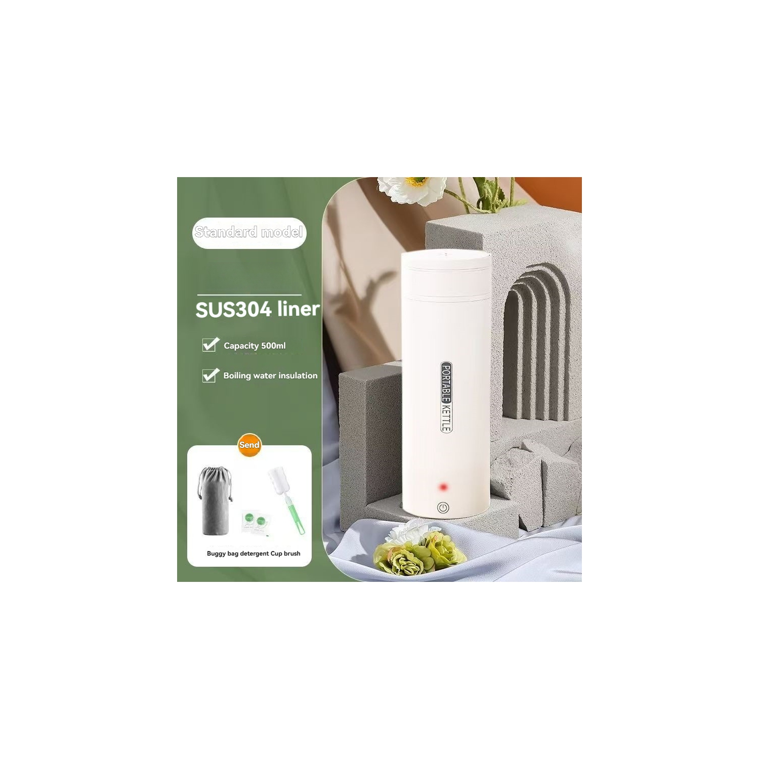 Bouilloire de voyage de 500 ml – Bouilloire électrique portative, arrêt automatique, antifuite, acier inoxydable 304, trousse de nettoyage