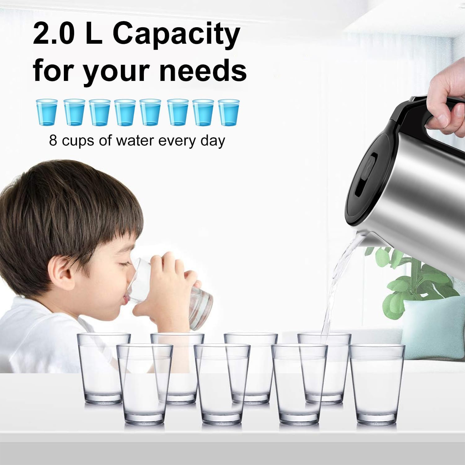 Bouilloire électrique à ébullition rapide de 2&nbsp;L – Acier inoxydable 304, double couche anti-calage, arrêt automatique et base pivotante à 360°,