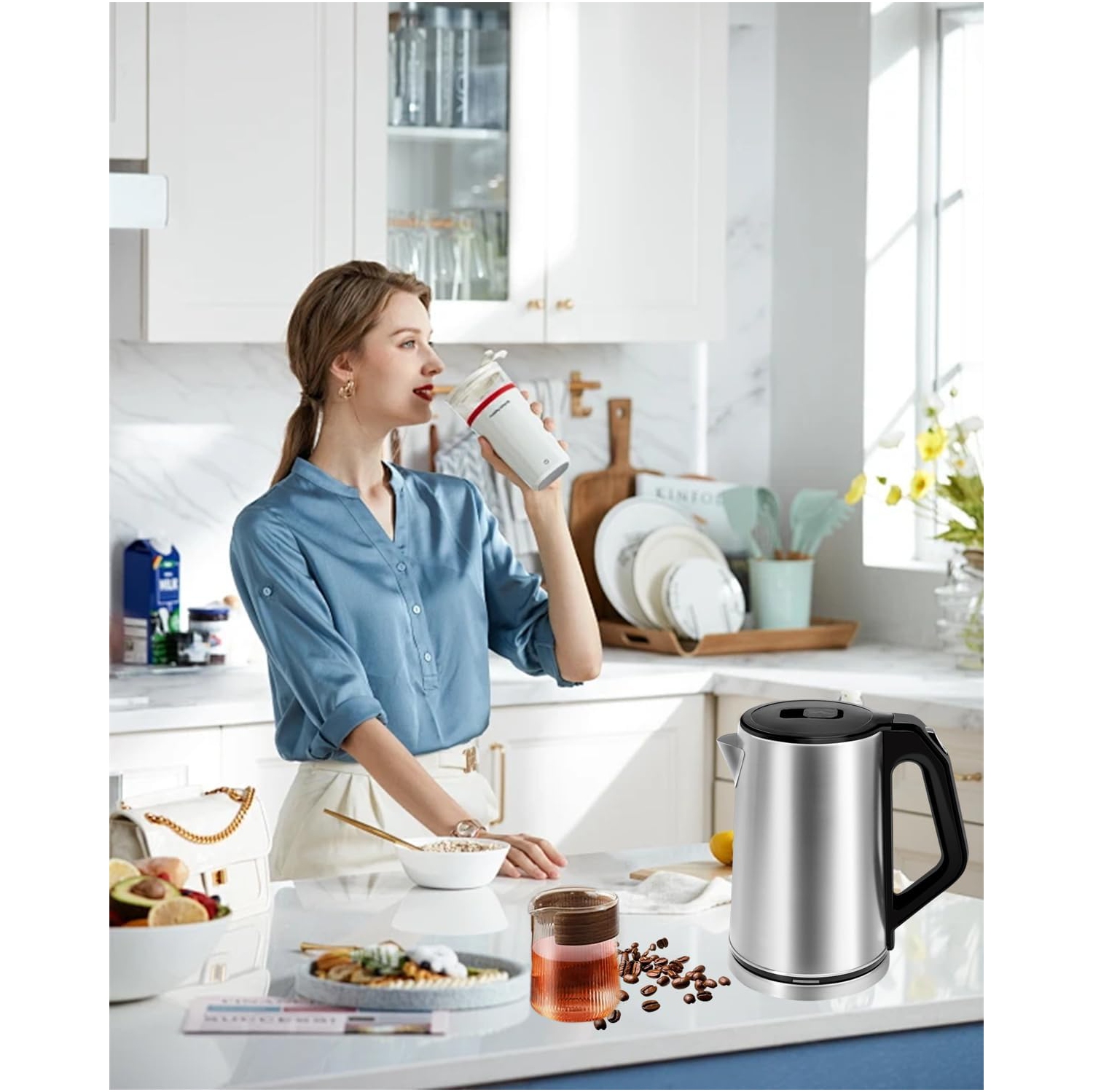 Bouilloire électrique à ébullition rapide de 2&nbsp;L – Acier inoxydable 304, double couche anti-calage, arrêt automatique et base pivotante à 360°,