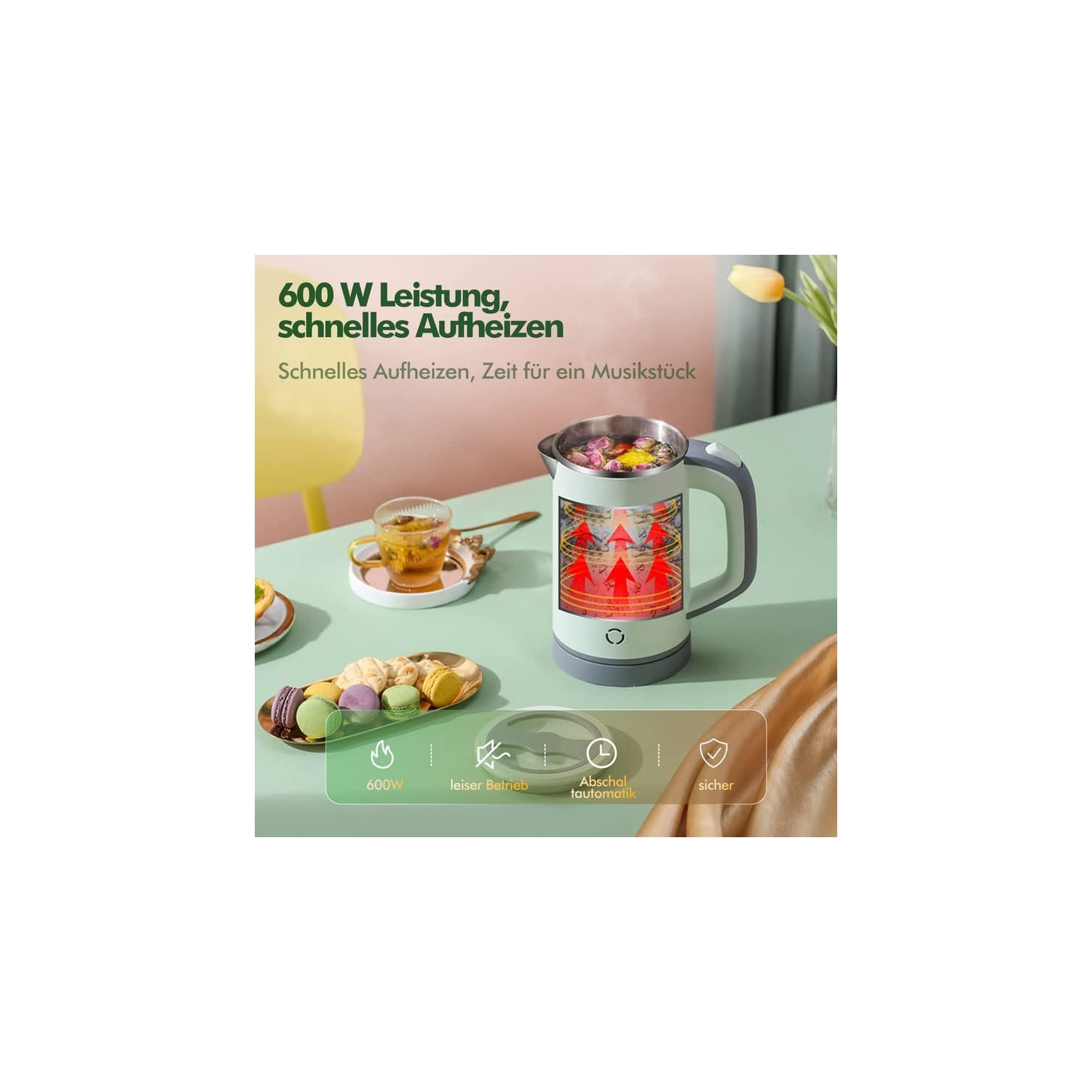 Bouilloire électrique miniature portative 0,8 L – Acier inoxydable, isolation à double paroi, ébullition sans BPA et antisèche pour les voyages,