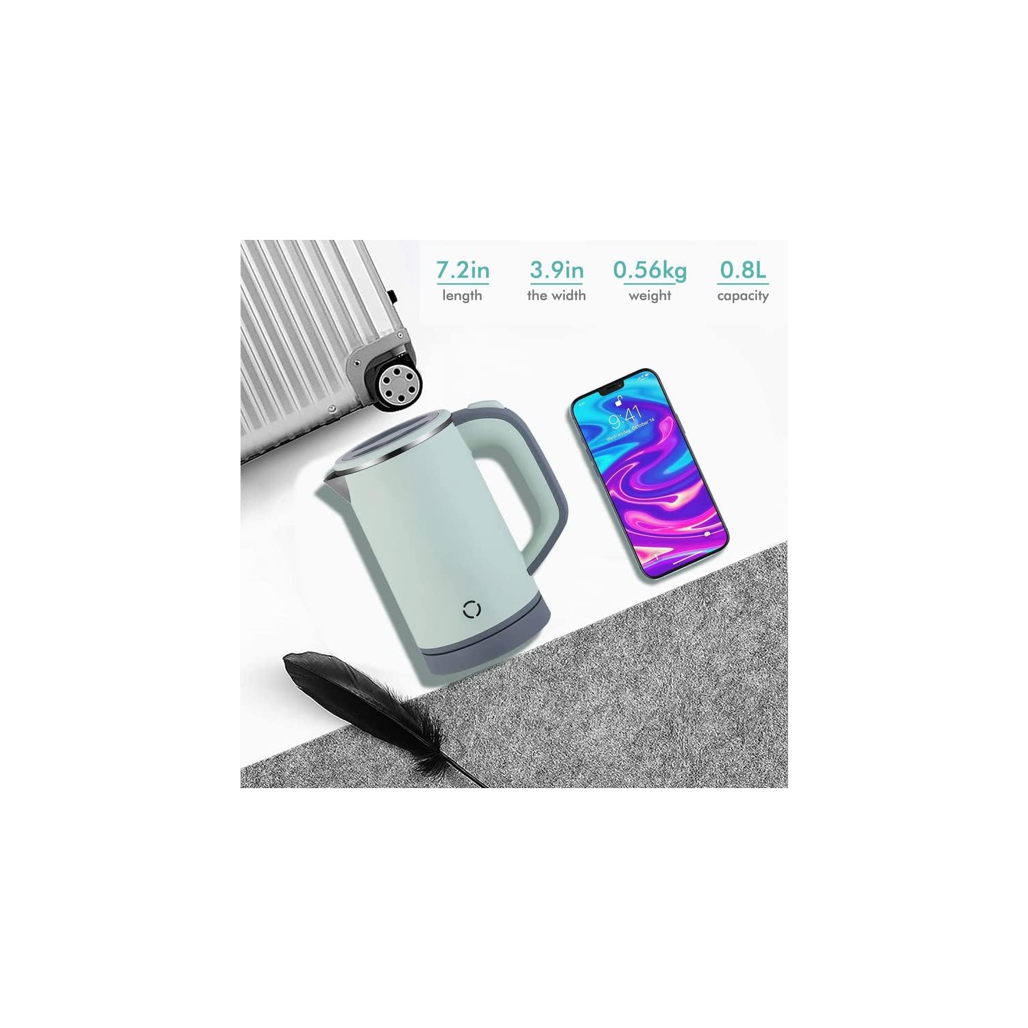 Bouilloire électrique miniature portative 0,8 L – Acier inoxydable, isolation à double paroi, ébullition sans BPA et antisèche pour les voyages,