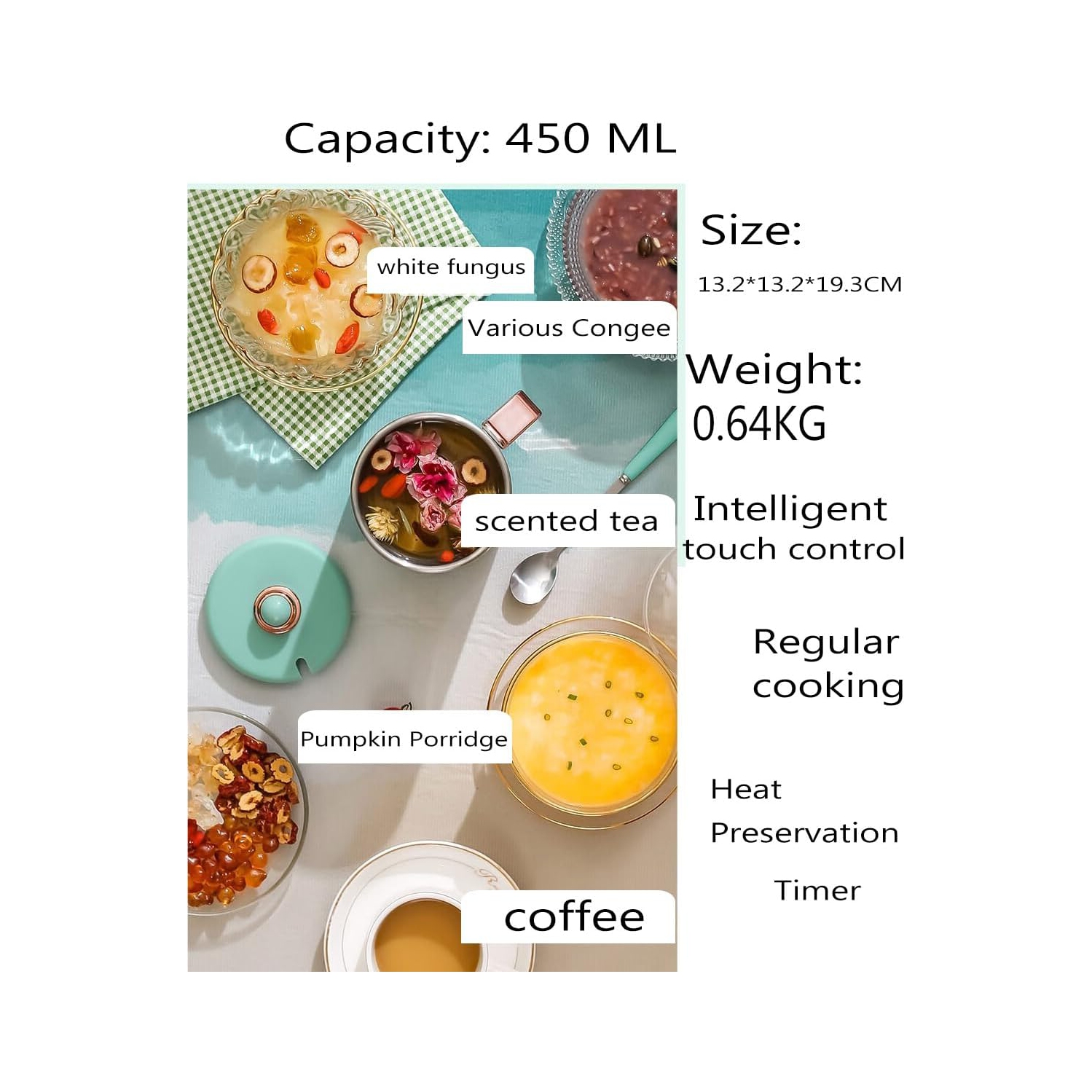 Multifunctional travel electric kettle - 450 ml, 300 watt fast boiling, 304 stainless steel, 4 temperature presets + LCD display, smart touch, with