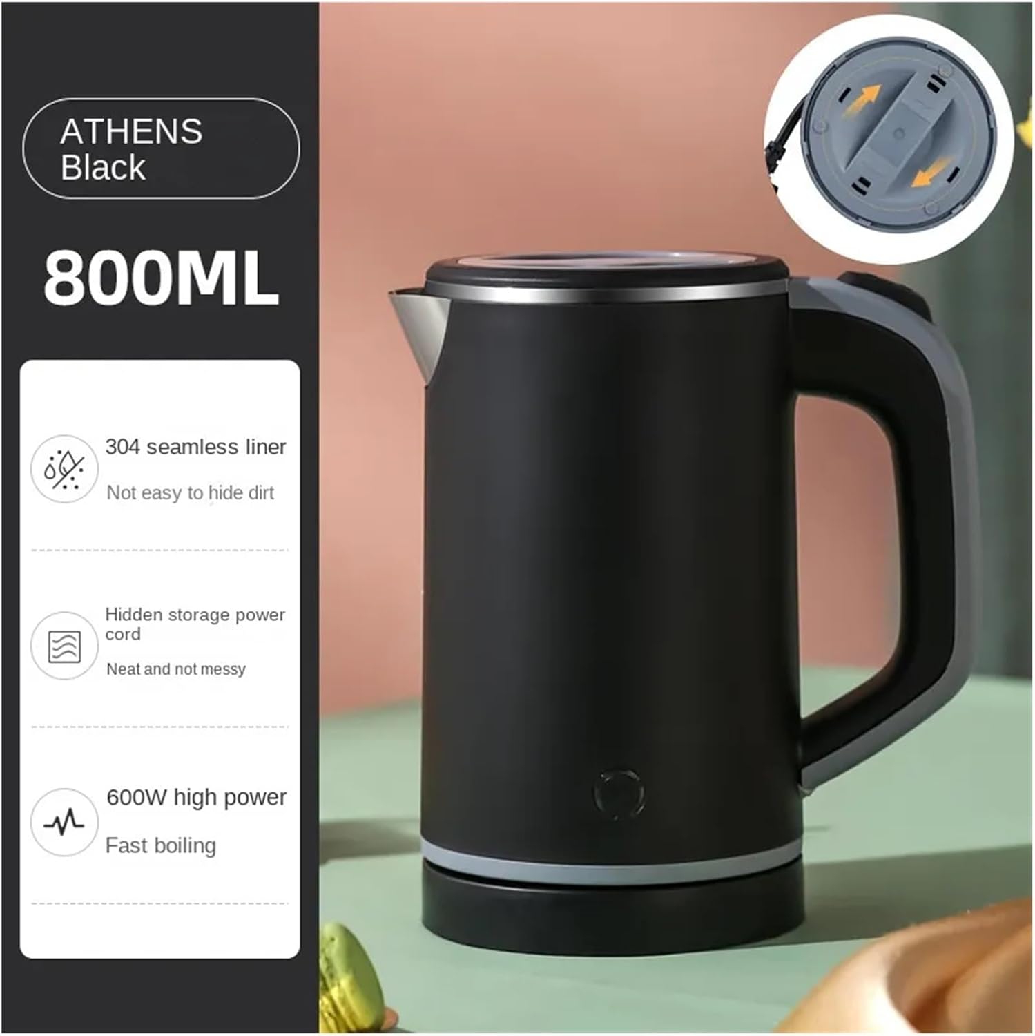 Portable 0.8L Mini Electric Kettle – Stainless Steel, Double-Wall Insulation, BPA-Free & Anti-Dry Boil for Travel, Office & Home Black
