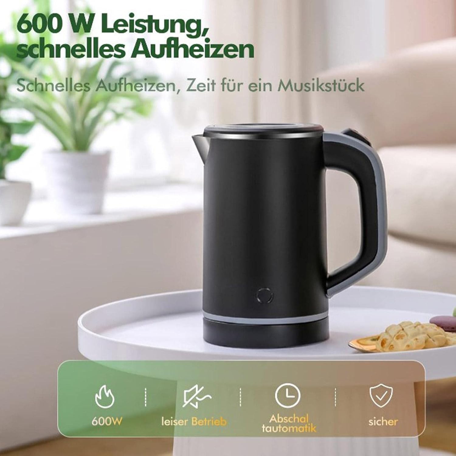 Portable 0.8L Mini Electric Kettle – Stainless Steel, Double-Wall Insulation, BPA-Free & Anti-Dry Boil for Travel, Office & Home Black