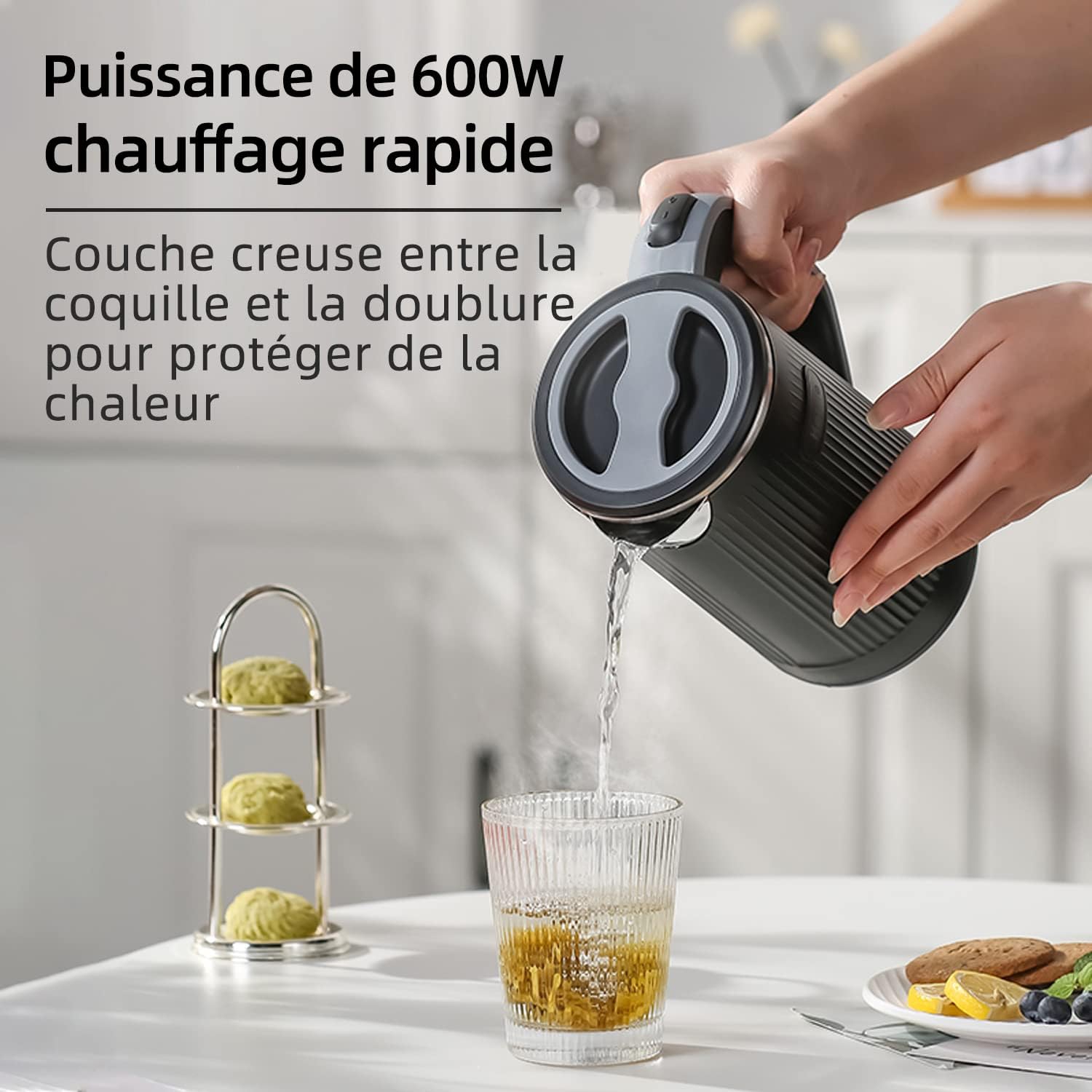 600W Travel Electric Kettle - 4-6 Min Fast Boil, Food-Grade 304 Stainless Steel, Compact & Lightweight for Hotels/Offices（Black）