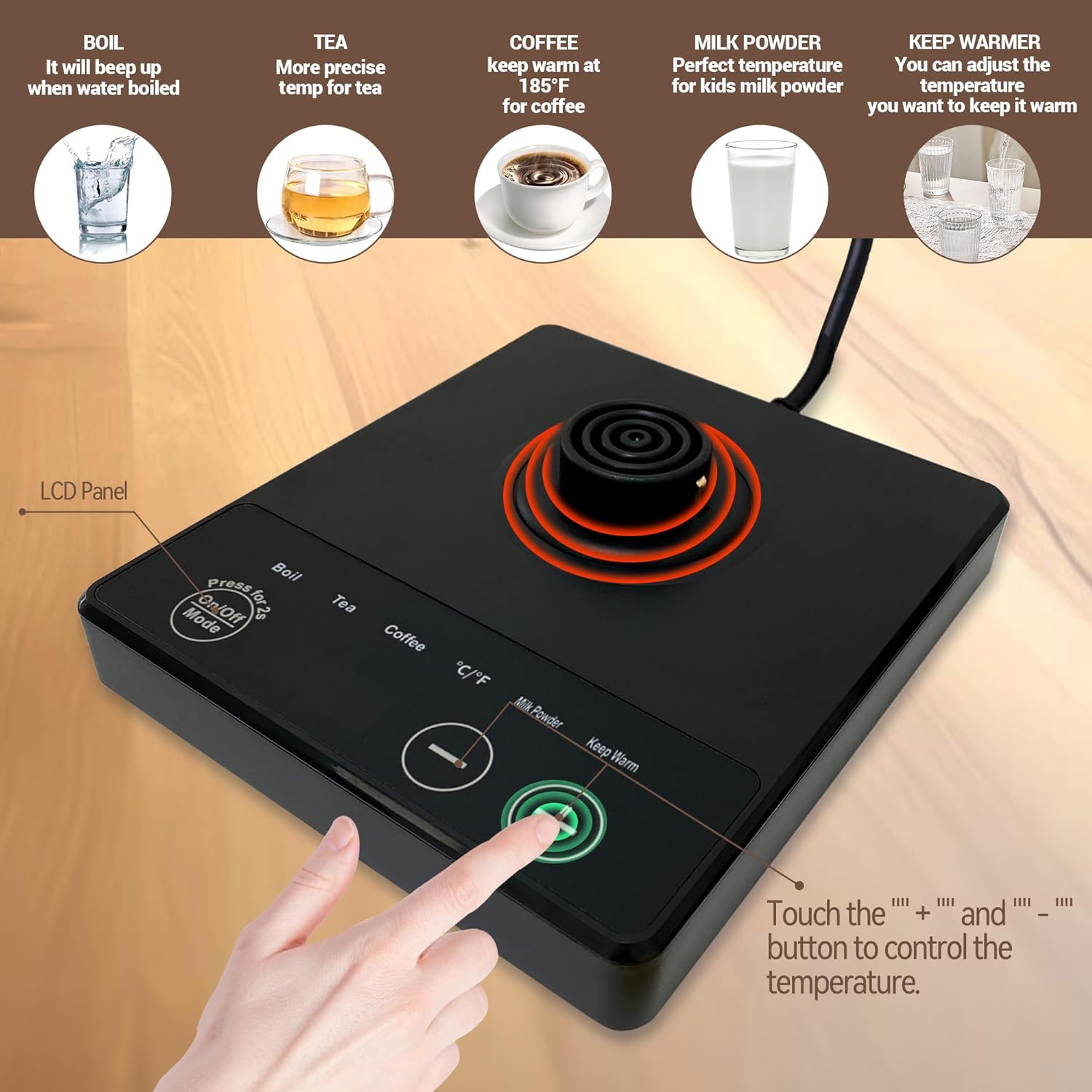 Black Wood Grain Compact Electric Gooseneck Kettle - 0.8L, 1000W Fast Boil, Precise Temp Control, Ideal for Pour-Over Coffee & Tea