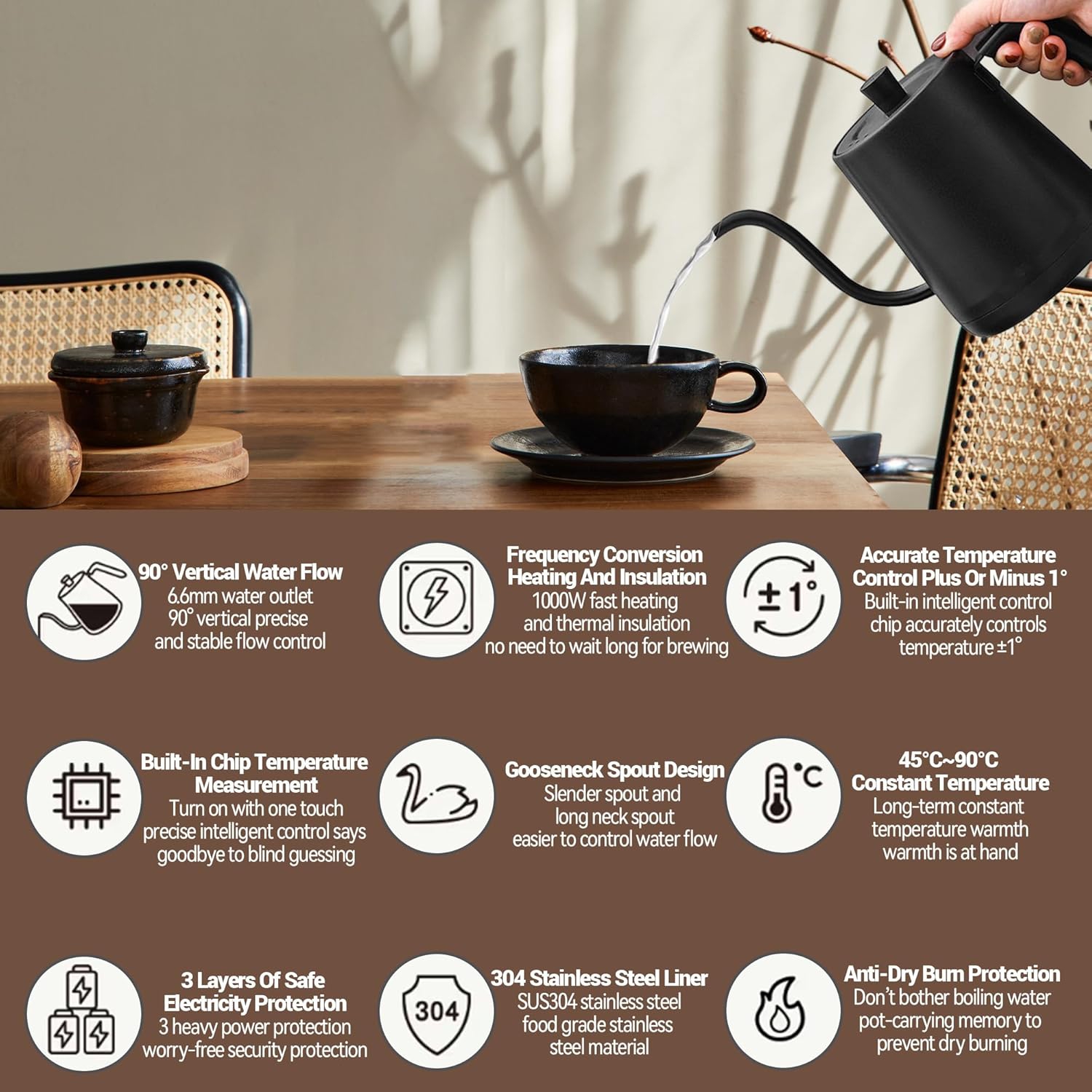 Black Wood Grain Compact Electric Gooseneck Kettle - 0.8L, 1000W Fast Boil, Precise Temp Control, Ideal for Pour-Over Coffee & Tea