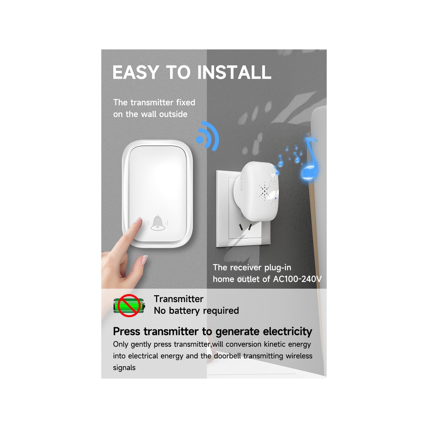 Self-powered wireless doorbell for home use, no batteries required, waterproof, suitable for home classrooms and businesses - White