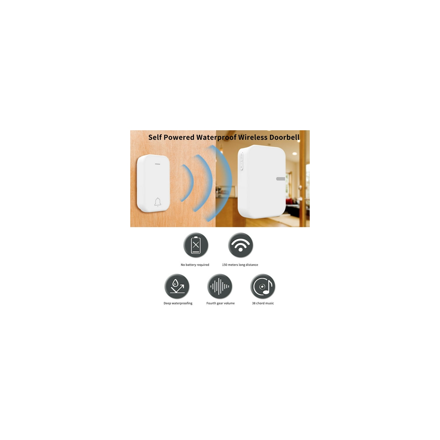 Long distance loud volume Ding Dong waterproof battery-free home wireless 433 self-generating doorbell - white one to two