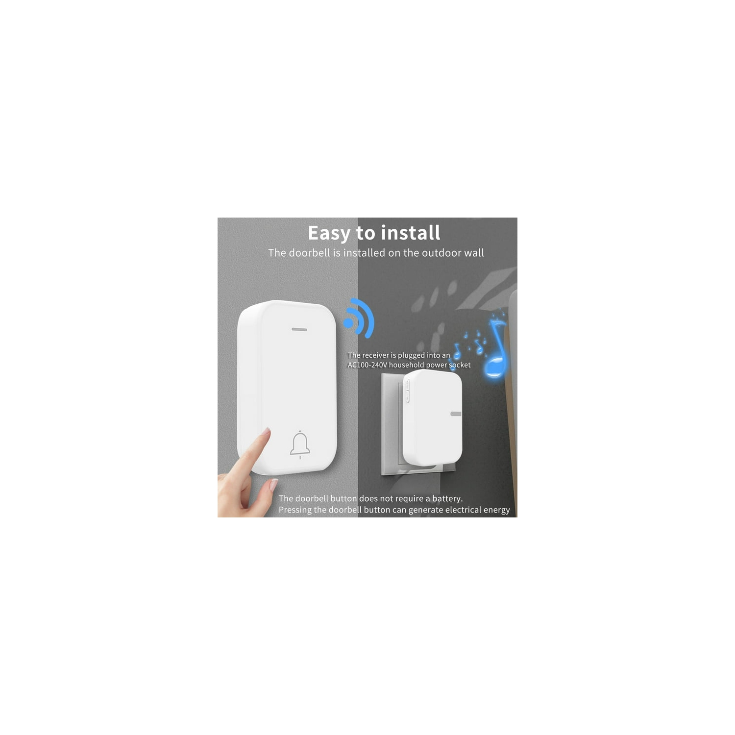 Long distance loud volume Ding Dong waterproof battery-free home wireless 433 self-generating doorbell - white one to two