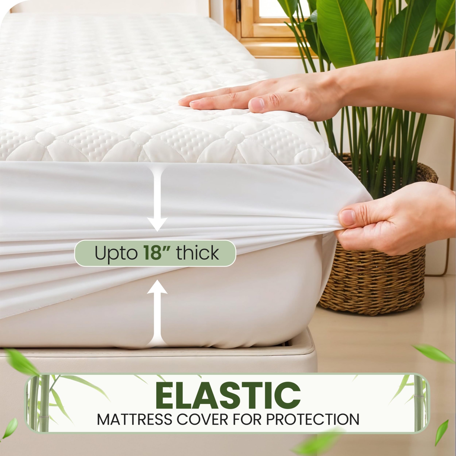Canadian Linen Bamboo Mattress Protector Floral Design 78"x80"x14" Soft Smooth Cooling Breathable Noiseless Washable Non Slip Deep Pocket Fitted, King