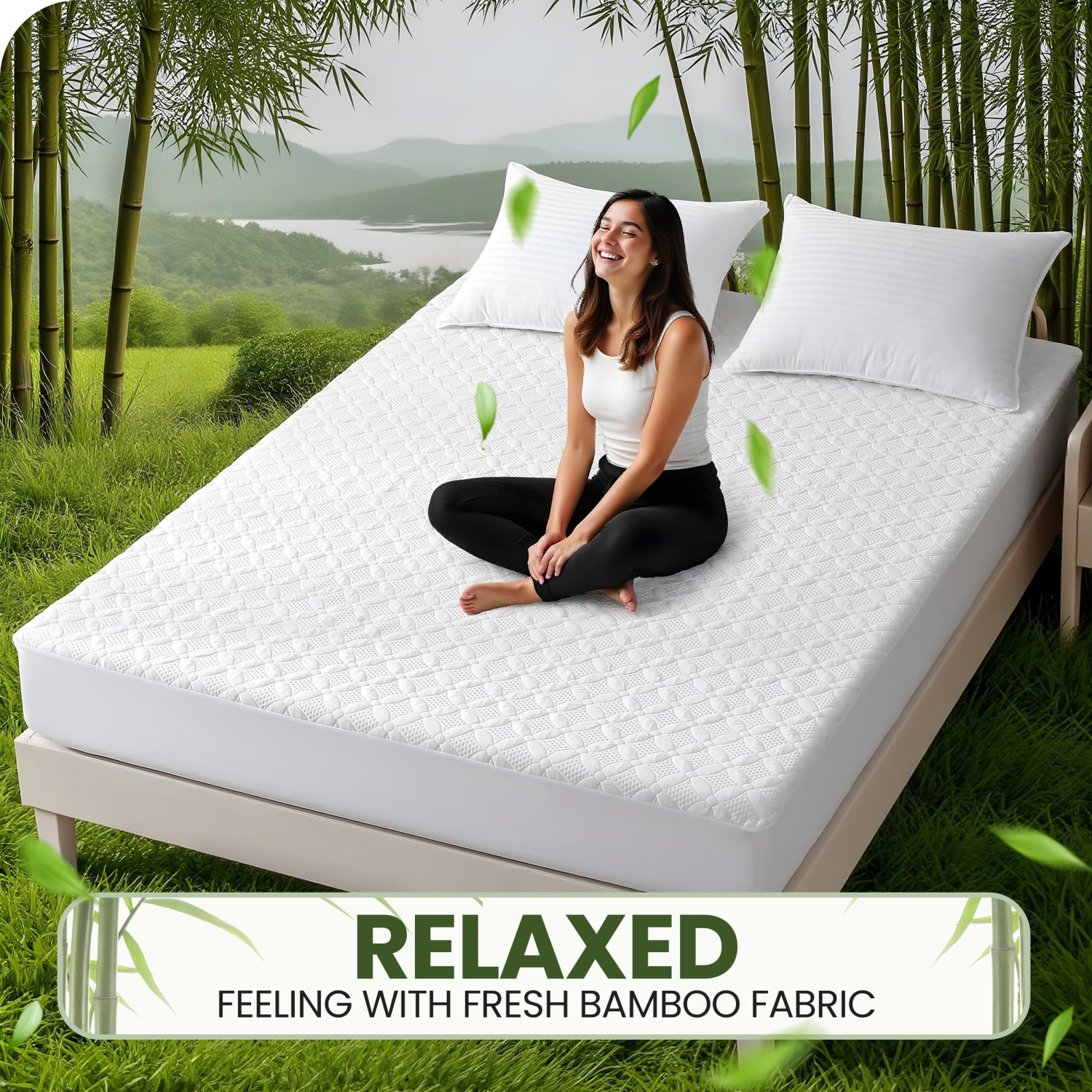 Canadian Linen Bamboo Mattress Protector Floral Design 54"x80"x14" Soft Smooth Cooling Breathable Noiseless Washable Non Slip Deep Pocket Fitted, Full