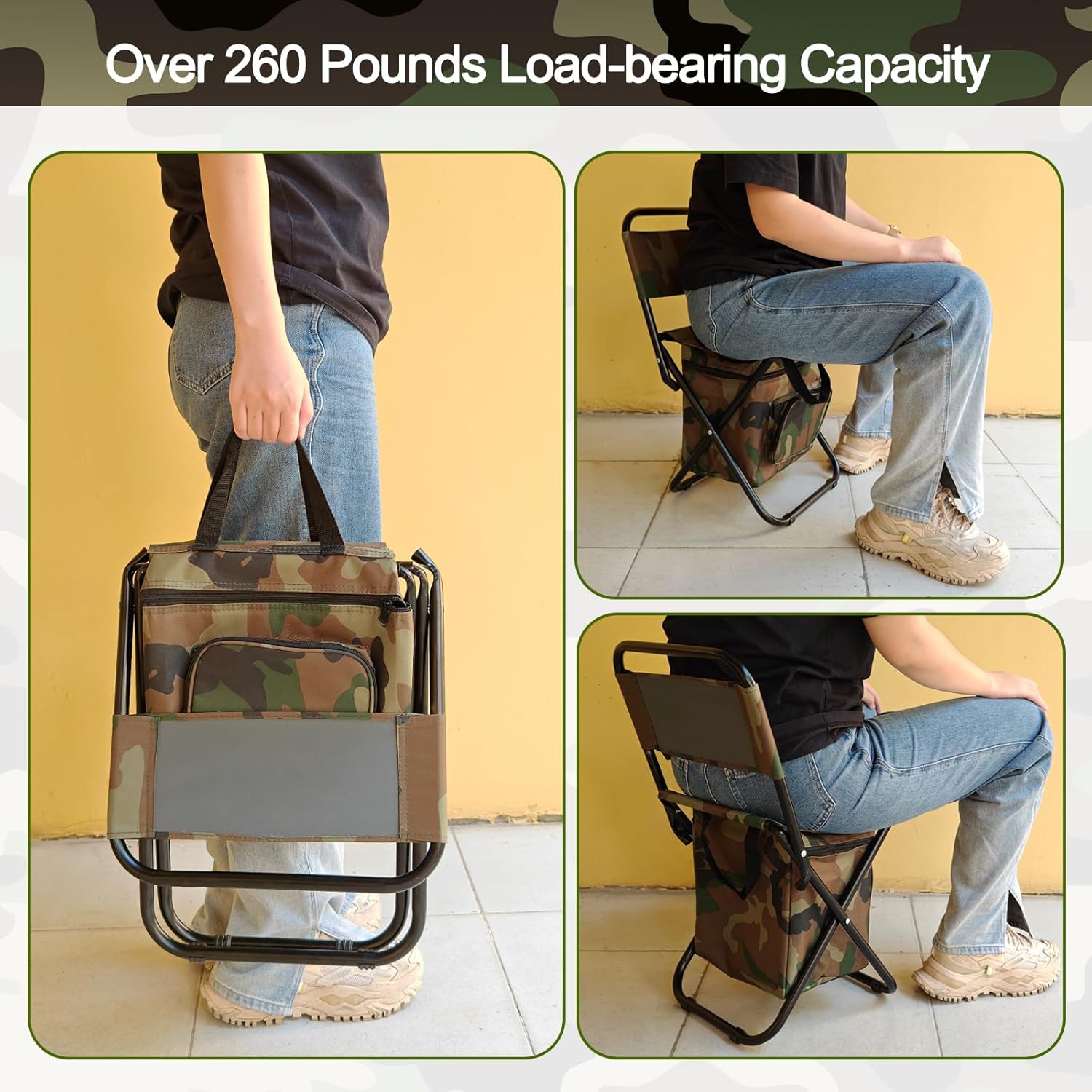 Foldable Fishing Stool with Cooler Bag – 2 Patterns to Choose From. 260lb Capacity