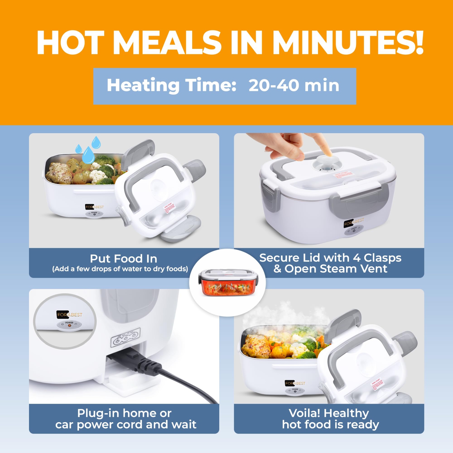 FORABEST Electric Lunch Box Food Warmer 80W – 1.5L Stainless Steel Heated Lunch Box for Men & Women, 12V/24V for Car & Truck, Universal 110V/220V for