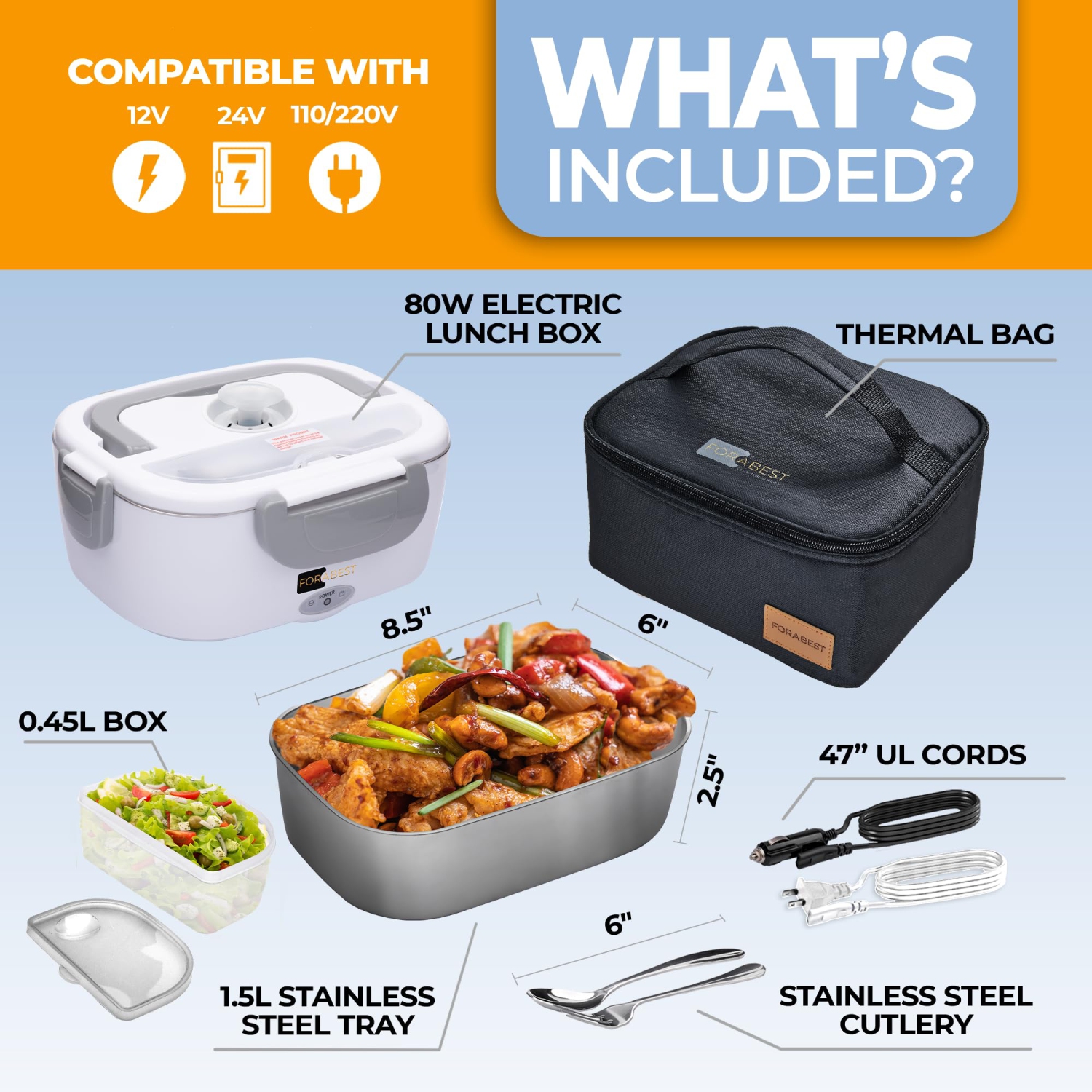FORABEST Electric Lunch Box Food Warmer 80W – 1.5L Stainless Steel Heated Lunch Box for Men & Women, 12V/24V for Car & Truck, Universal 110V/220V for