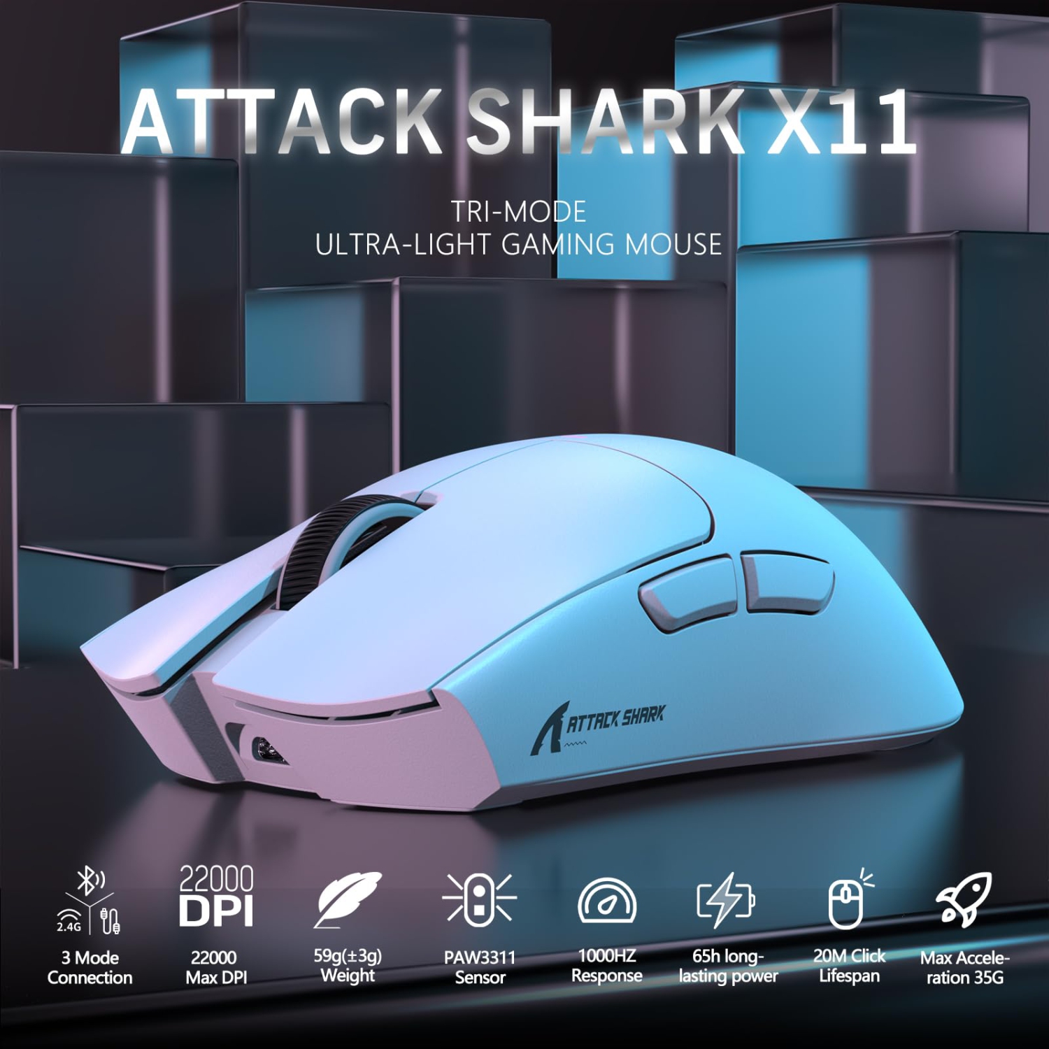 Attack Shark X11 59g Superlight Wireless Gaming Mouse with Magnetic RGB Charging Dock?BT/2.4G Wireless/Wired Mouse, 22000 DPI?5 Programmable Buttons