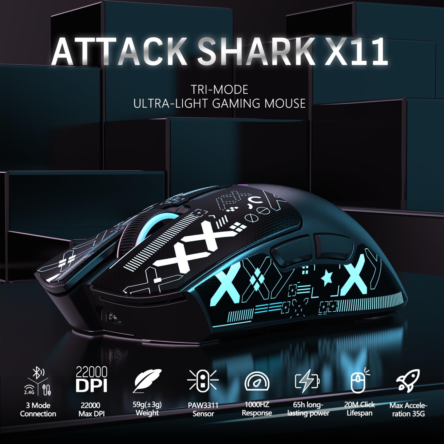 Souris de jeu Attack Shark X11 59&nbsp;g Superleve SEM Fio com Fita Antiderrapante, Dock RGB, 22000&nbsp;ppp, 5 botões programáveis para PC/Mac