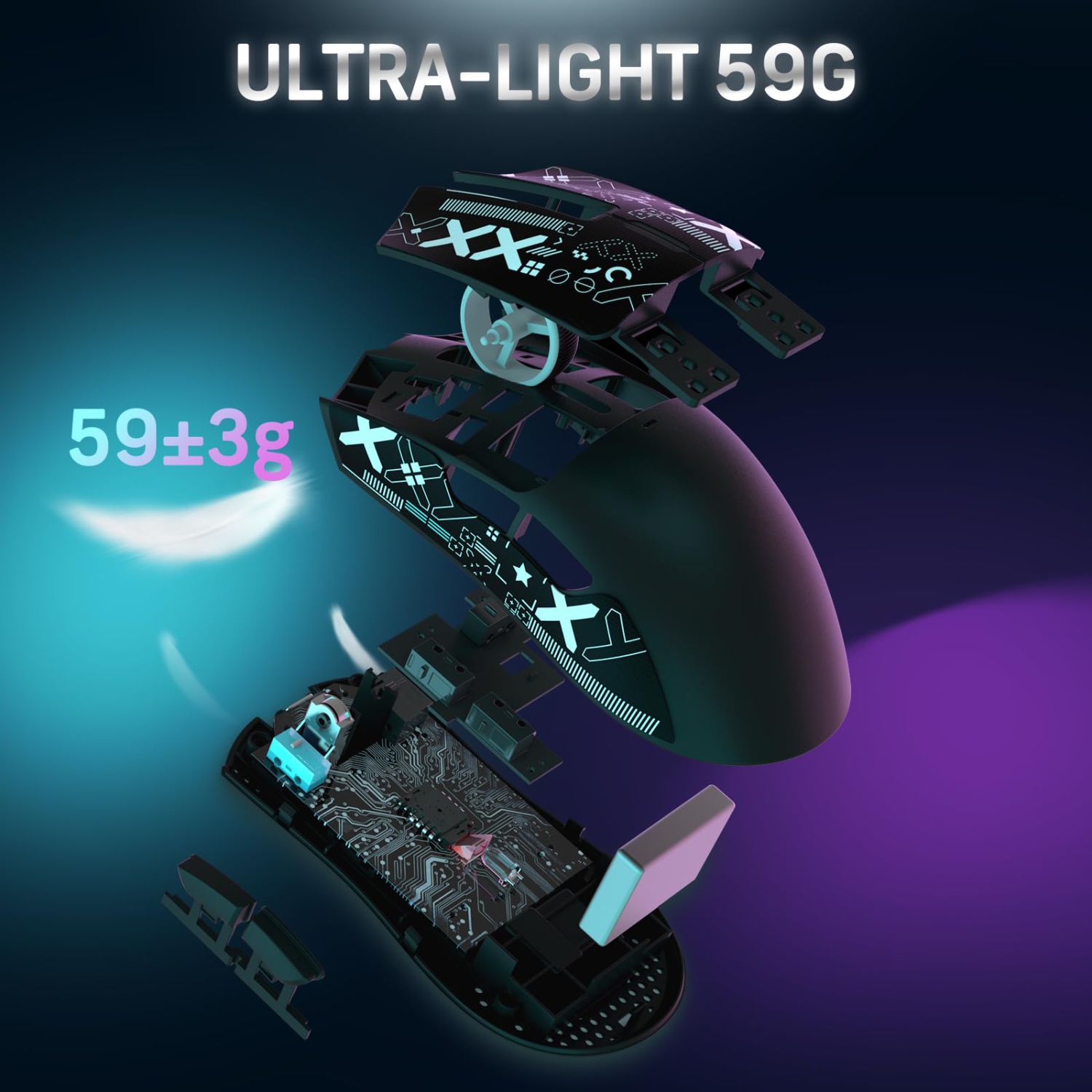 Souris de jeu Attack Shark X11 59&nbsp;g Superleve SEM Fio com Fita Antiderrapante, Dock RGB, 22000&nbsp;ppp, 5 botões programáveis para PC/Mac