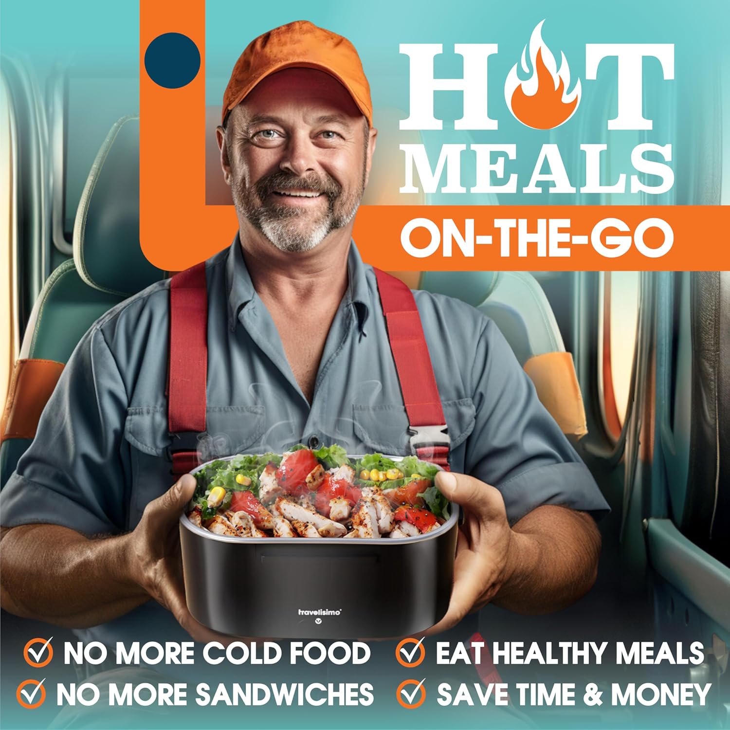 TRAVELISIMO Electric Lunch Box Food Heater, 80W 1.5L Self Heating Lunch Box 12V/24V/110V Heated Lunch Box for Men & Women, Stainless Steel Portable