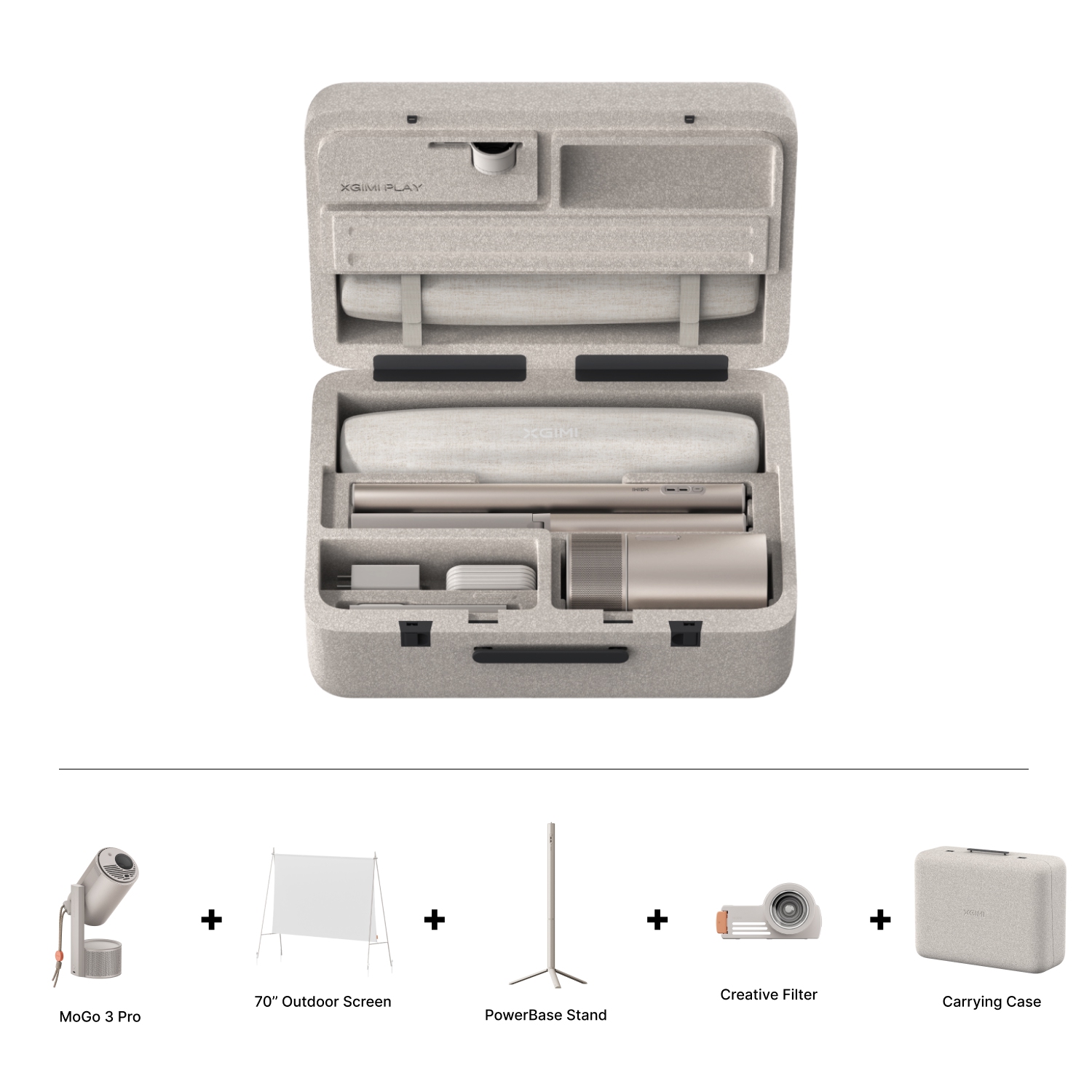 Trousse de projecteur d'extérieur MoGo 3 Pro de XGIMI – Projecteur + socle Powerbase + écran portatif de 70&nbsp;po + filtre créatif + étui de