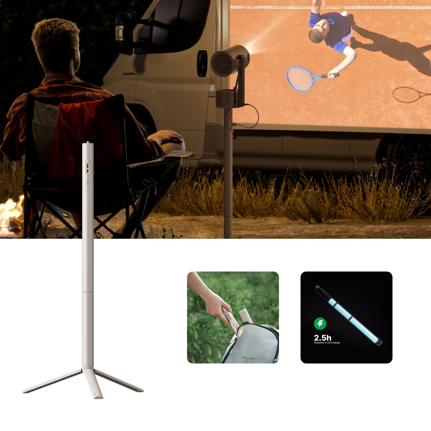 Trousse de projecteur d'extérieur MoGo 3 Pro de XGIMI – Projecteur + socle Powerbase + écran portatif de 70&nbsp;po + filtre créatif + étui de