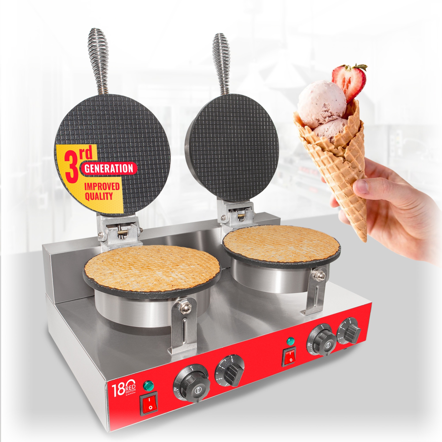 AR-HCB2 Waffle Cone Maker | Commercial Double Waffle Cone Iron | Stainless Steel | Nonstick | 110V