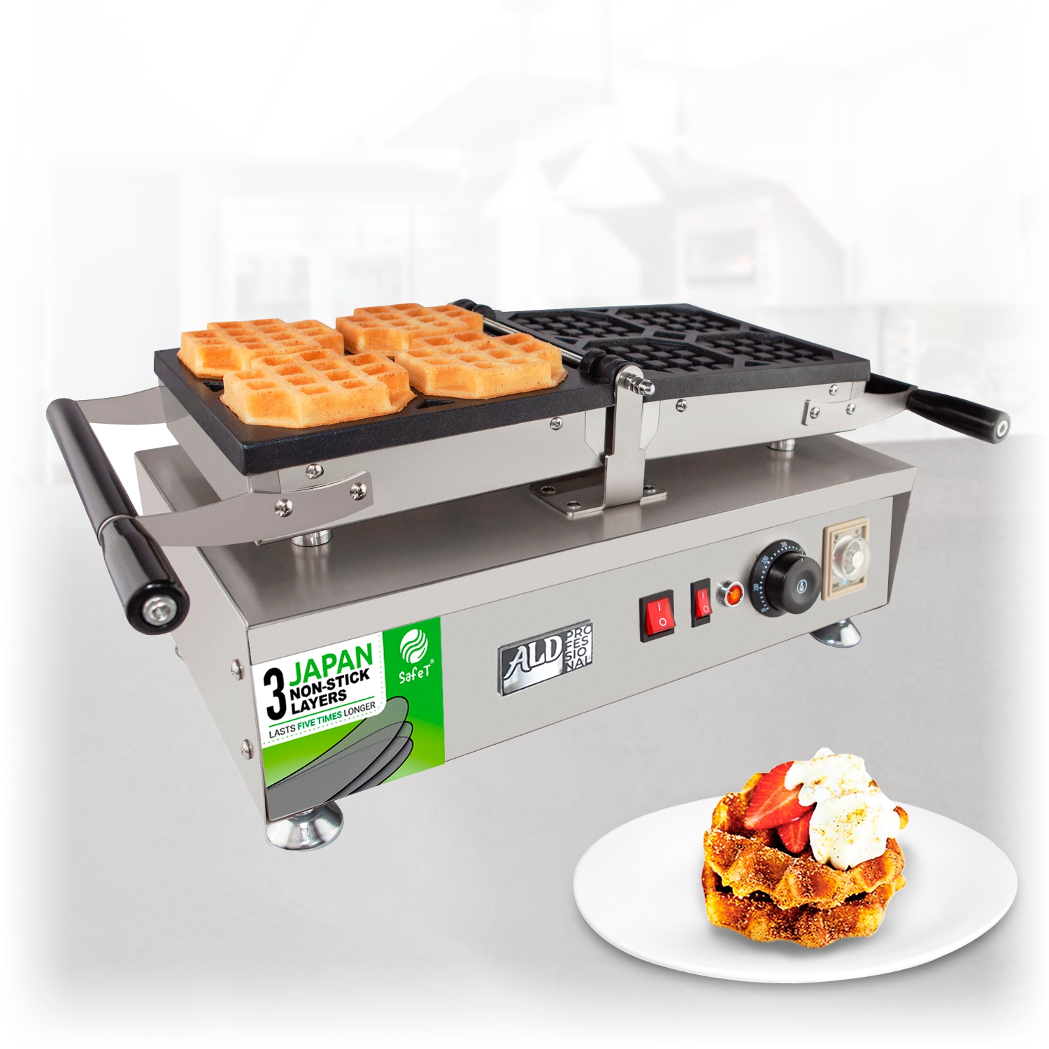 AP-454 Belgian Waffle Maker Thick | Belgian Waffle Iron | Swing Type | 4 Pcs | Professional Use | Nonstick | 110V