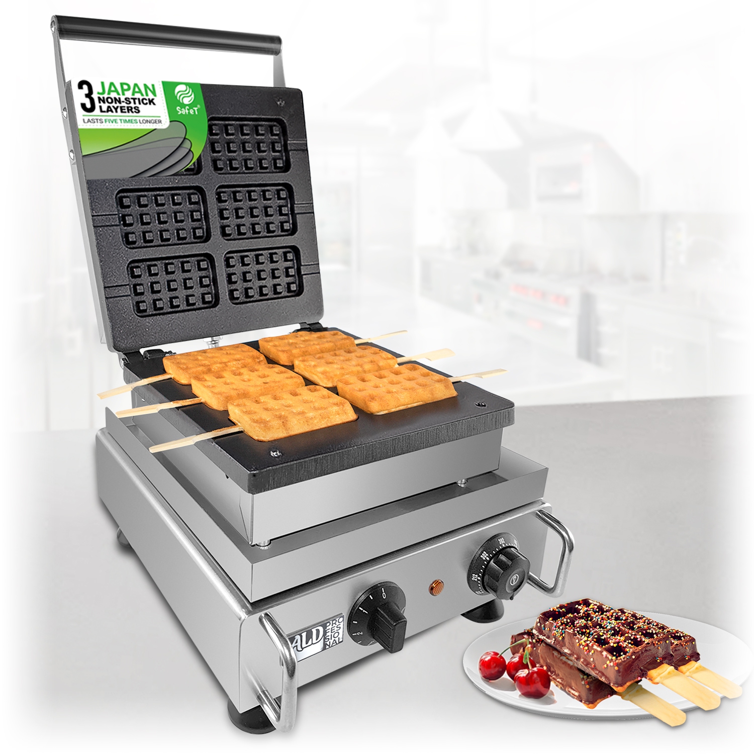 AP-506 Rectangular Waffle Iron | Press Type | 6 Square Belgium Waffles | Stainless Steel | Nonstick | 110V