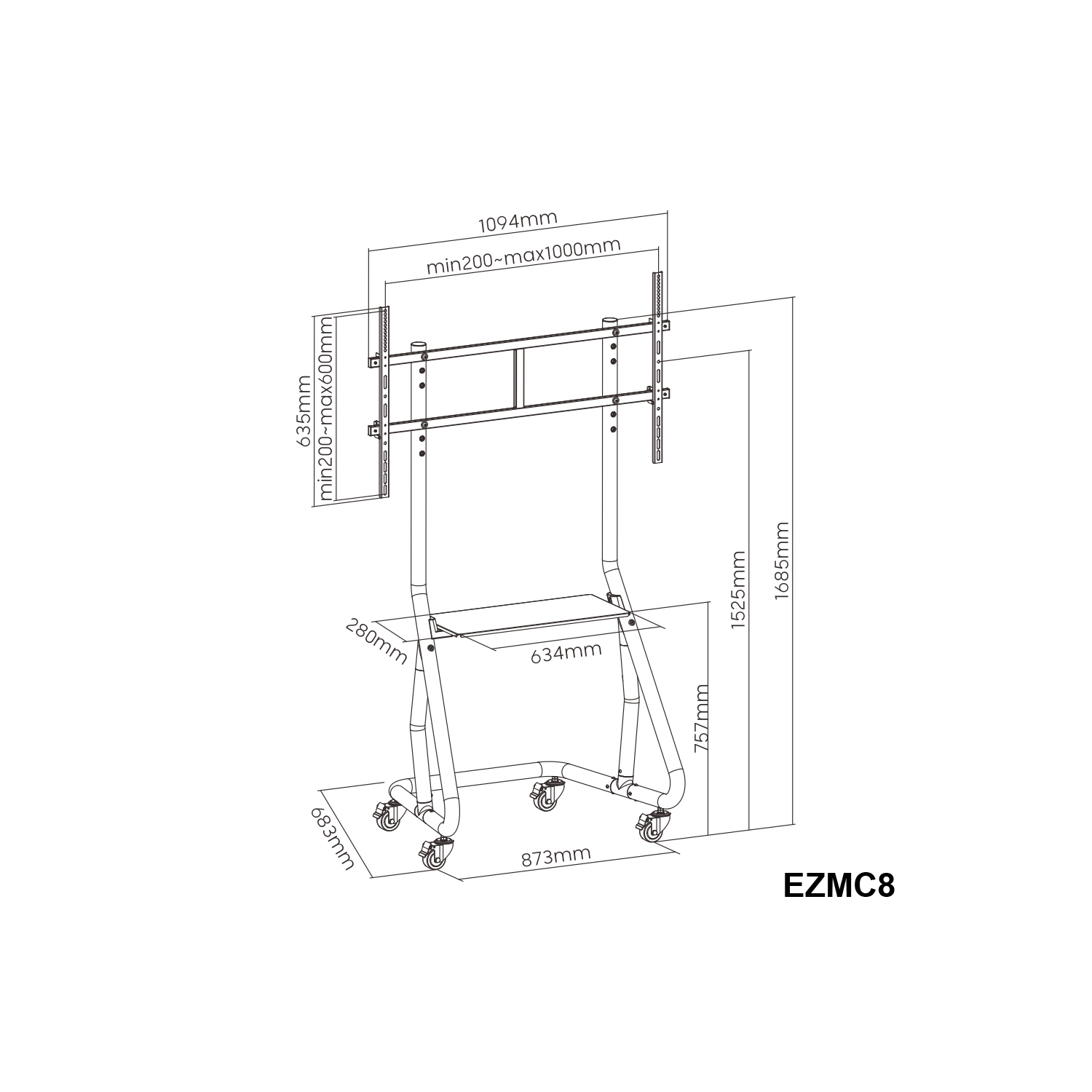 Amer Mounts TV Stand Display Cart with Wheels Designed for 60-105" Flat, LCD Screens 1000x600mm VESA Max Weight Support 100kg/220lbs - EZMC8