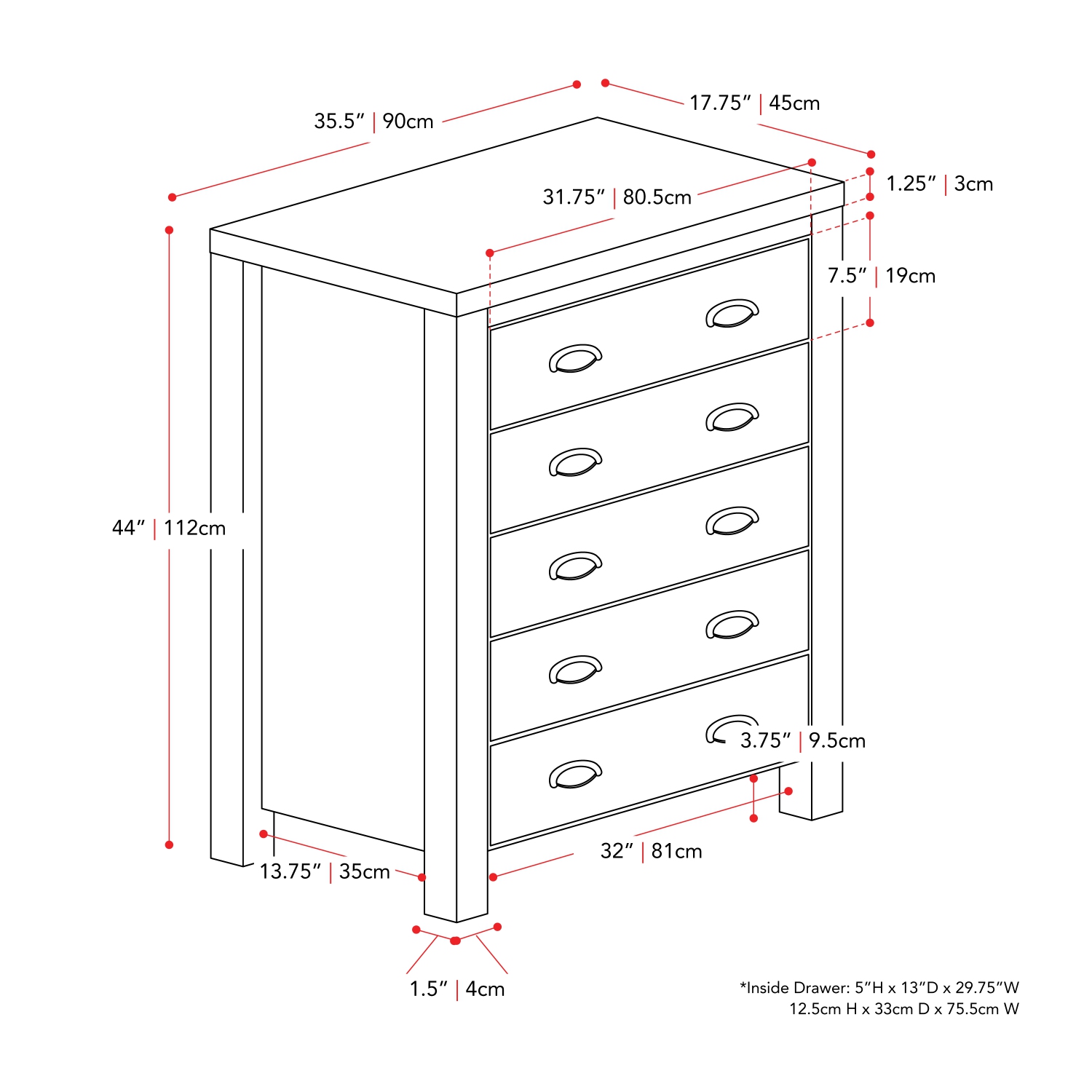 Grande commode à 5 tiroirs en grain de bois Boston de CorLiving avec tiroirs imbriqués