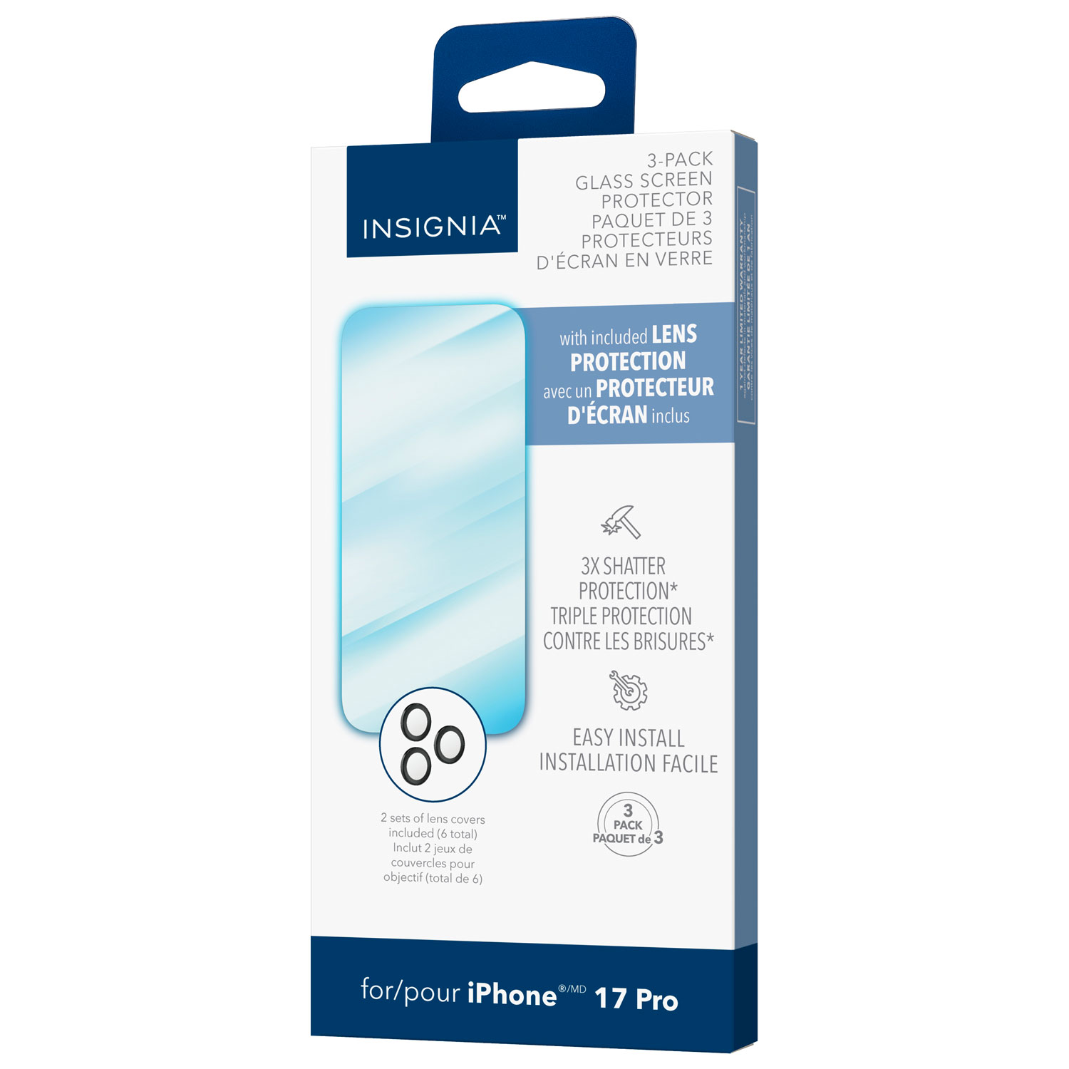 Protecteur d'écran en verre avec protecteurs d'objectif d'Insignia pour iPhone 17 Pro - Paquet de 3 - Exclusivité de Best Buy