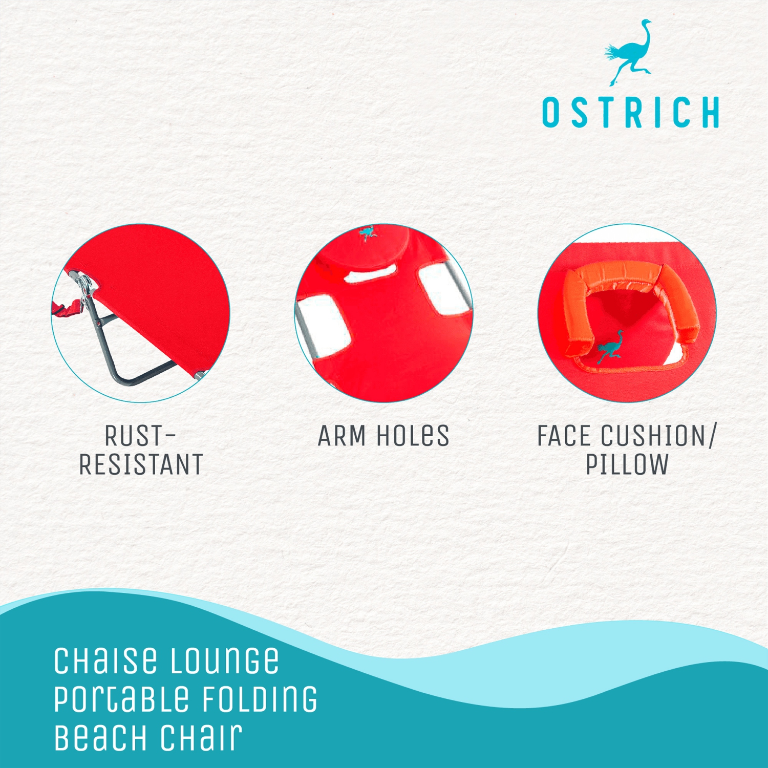 Chaise longue Ostrich, chaise de camping de plage portative face à face, rouge