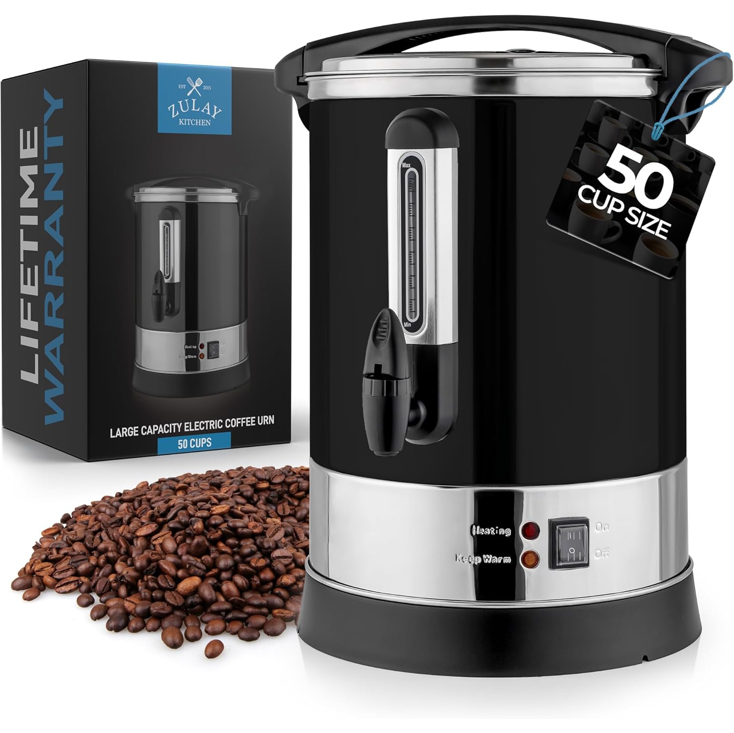 Zulay Commercial Coffee Urn 50 Cup – Stainless Steel Percolator with Twist-Lock Lid, Quick Brew, Keep-Warm Mode – Black