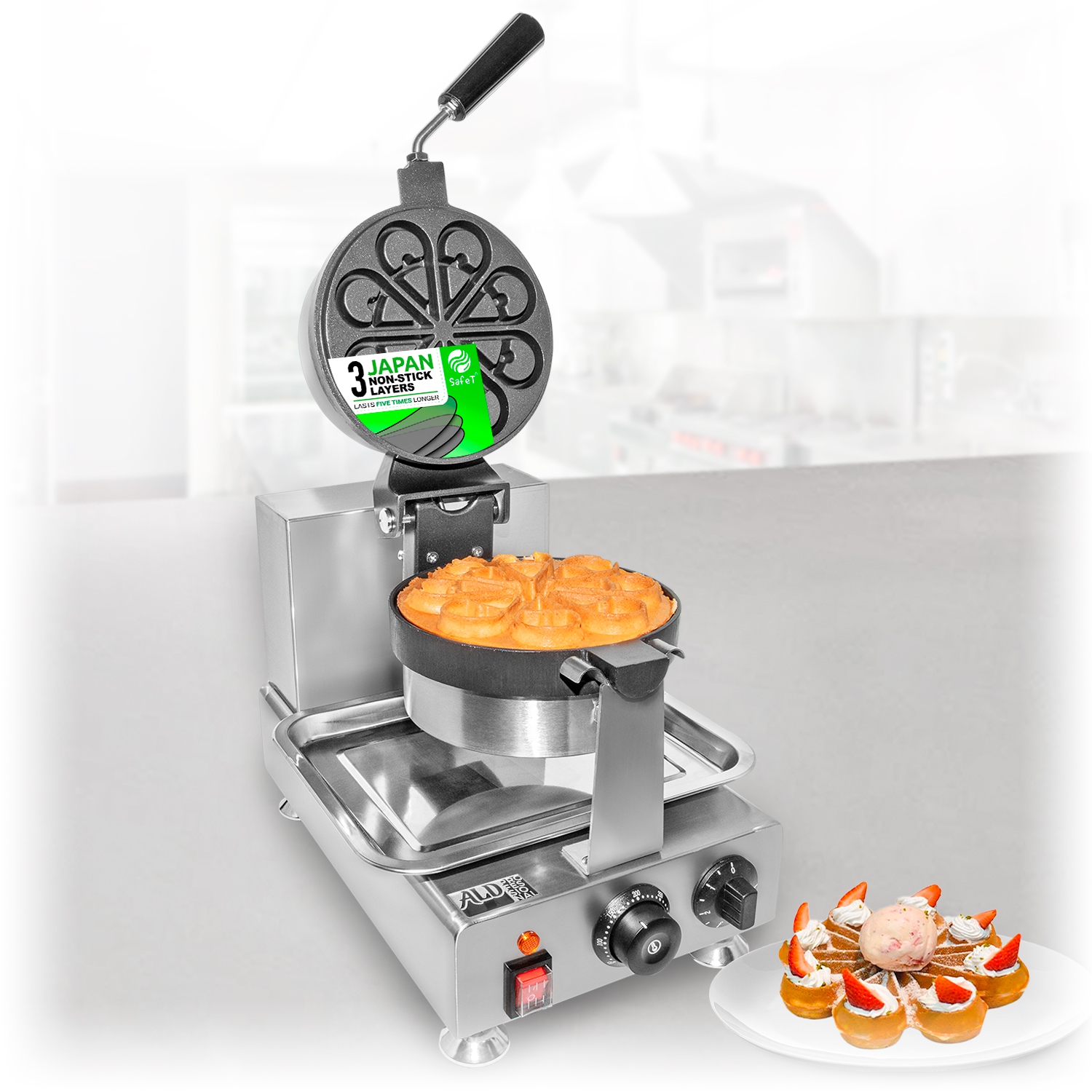 AP-593 Belgian Waffle Maker Thick | Rotating Waffle Machine | Flower Petals Shape Waffles | Belgian Waffle Iron | Stainless Steel | 110V