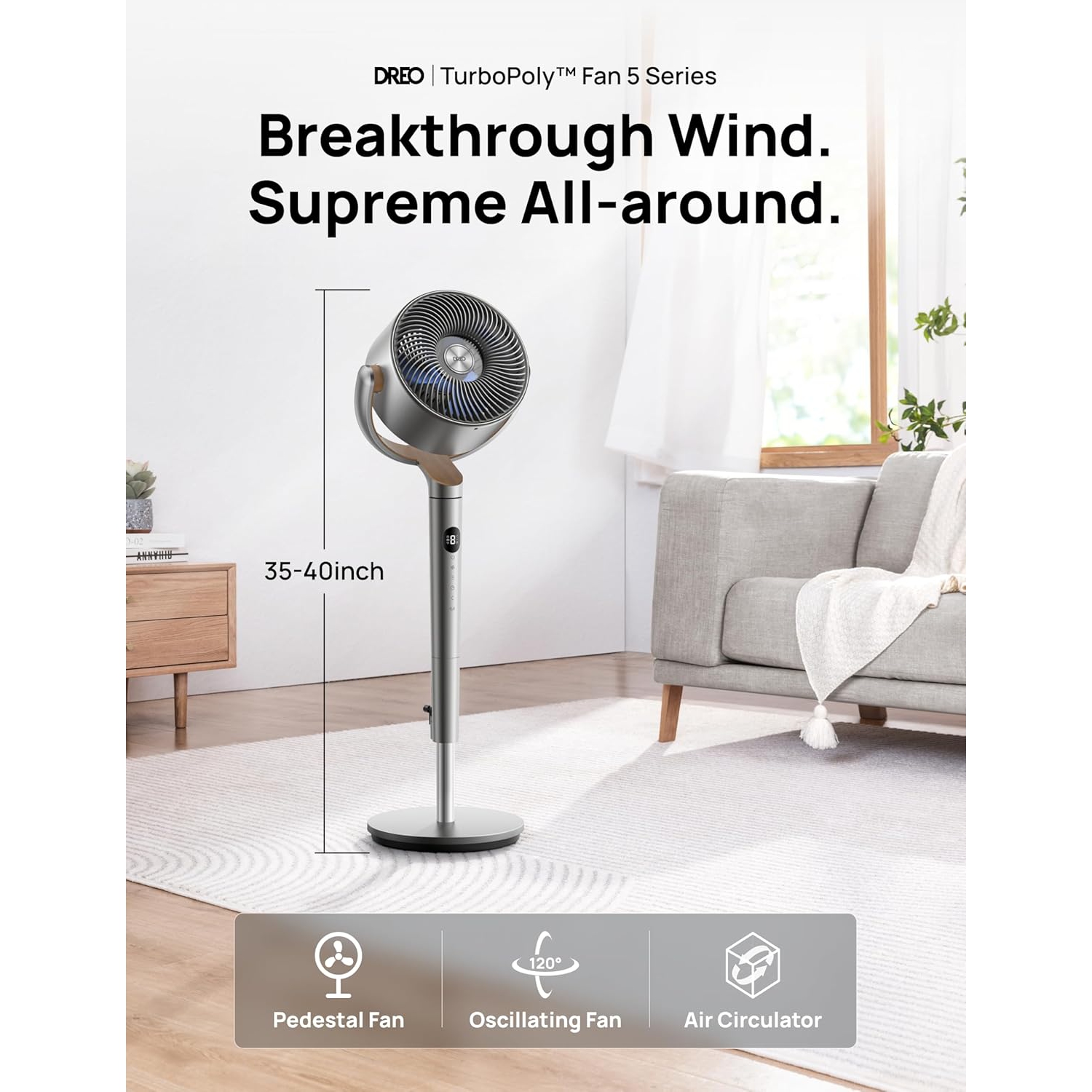 Dreo 23dB Silent Standing Fan - Omni-Directional Oscillating Fan with Remote, Adjustable Height, 8 Speeds, 3 Modes, 80 ft Air Circulation, 8H Timer