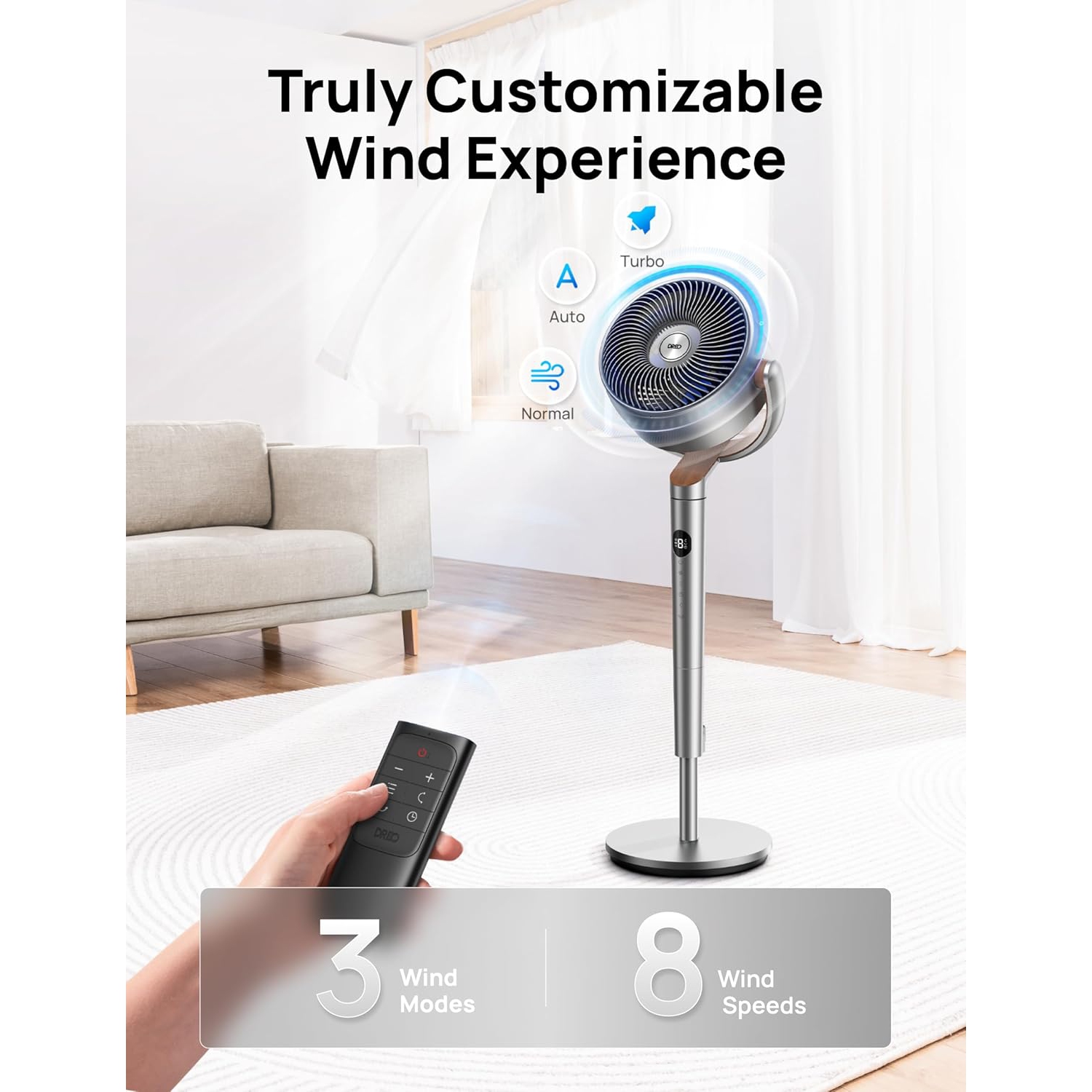 Dreo 23dB Silent Standing Fan - Omni-Directional Oscillating Fan with Remote, Adjustable Height, 8 Speeds, 3 Modes, 80 ft Air Circulation, 8H Timer