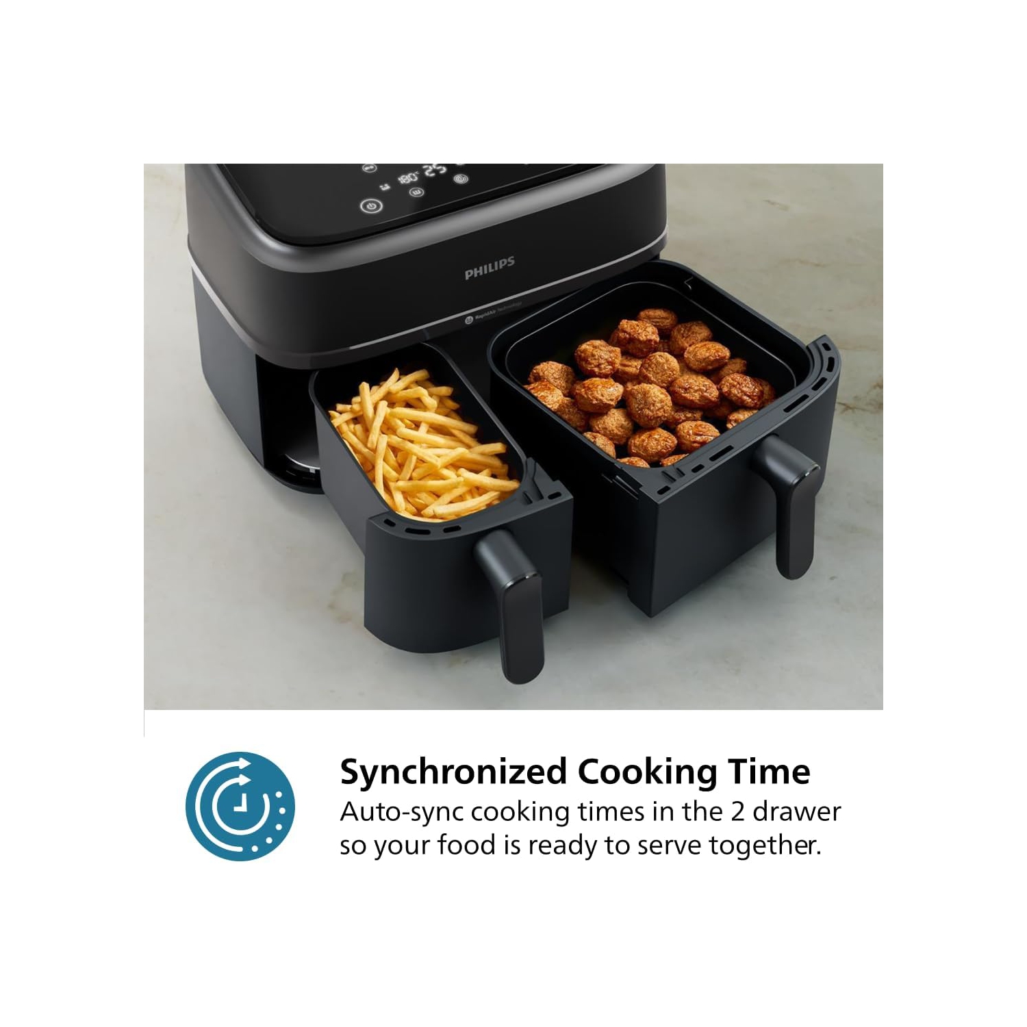 Philips Dual Basket Air Fryer 3000 Series - 9.5 Quarts, 8-in-1 Functions, Auto-Sync Cooking, Dishwasher Safe, Black
