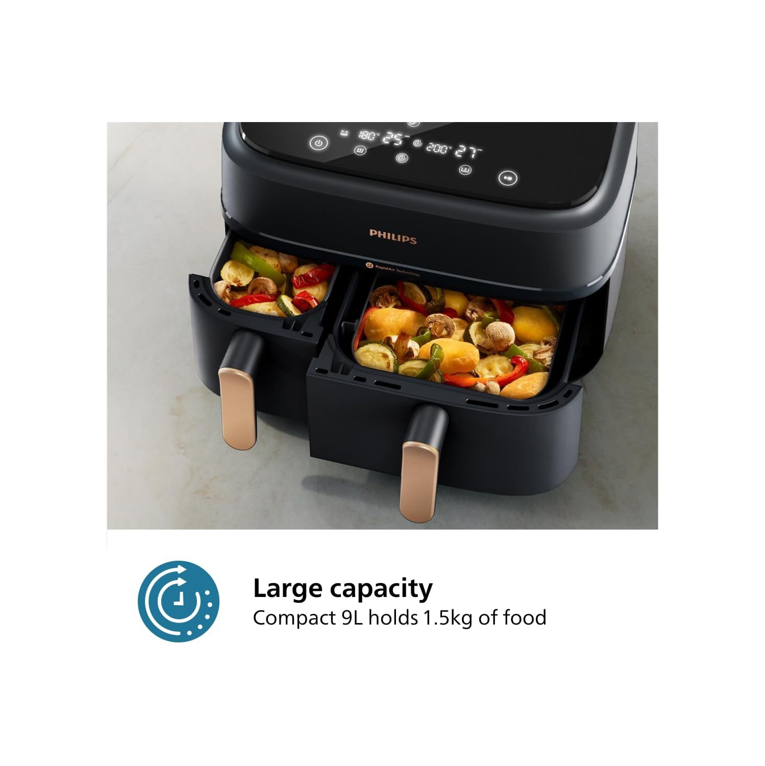 Philips Dual Basket Air Fryer 3000 Series - 9.5 Quarts, 8-in-1 Functions, Auto-Sync Cooking, Dishwasher Safe, Black