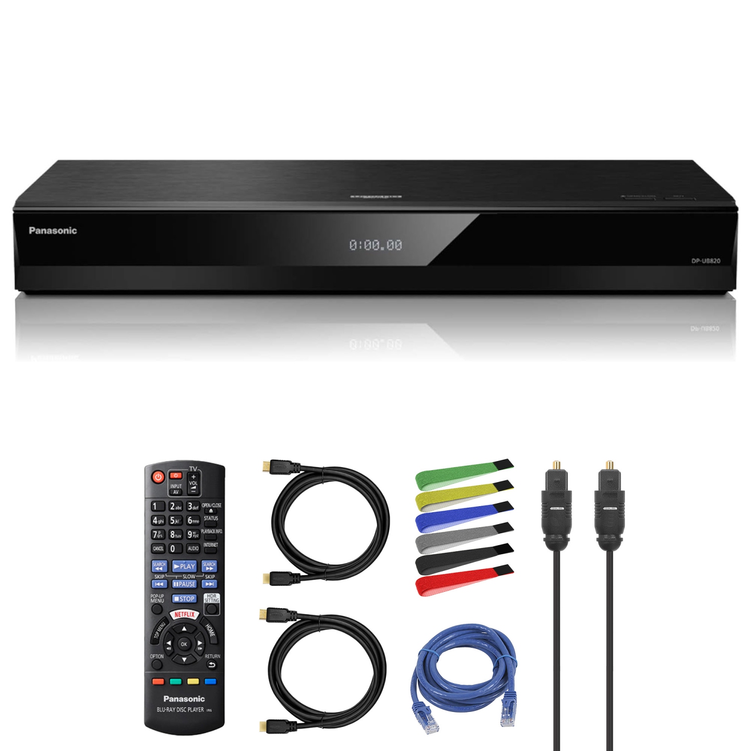 DP-UB820-K de Panasonic + câble réseau + câble audio optique + 2 câble HDMI + attaches de câble